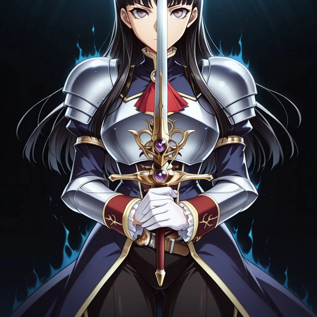 score_9,score_8_up,score_7_up,source_anime,5_figner,2d_animation,game cg,BREKE,1girl,solo
p4amagi, Amagi Yukiko, long hair, black hair, bangs,
ascot,brooch,white gloves,juliet sleeves,corset,frills,black pants,jewelry,long sleeves,
armor,sword,belt,breastplate,armored blue dress,armored boots,shoulder pad,
swordup, looking at viewer, close-up, holding sword,serious,
huge breasts,thick hips,thick thighs,thick waist,disproportionate breasts,
covered erectile nipples,covered the breast,curves,glamour,
black background,dark,aura,
masterpiece,best qualit,ultra-detailed,illustration,an extremely delicate and beautiful,beautiful detailed eyes,unity 8k wallpaper,high resolution,anime CG,official_art,Erotic_style,