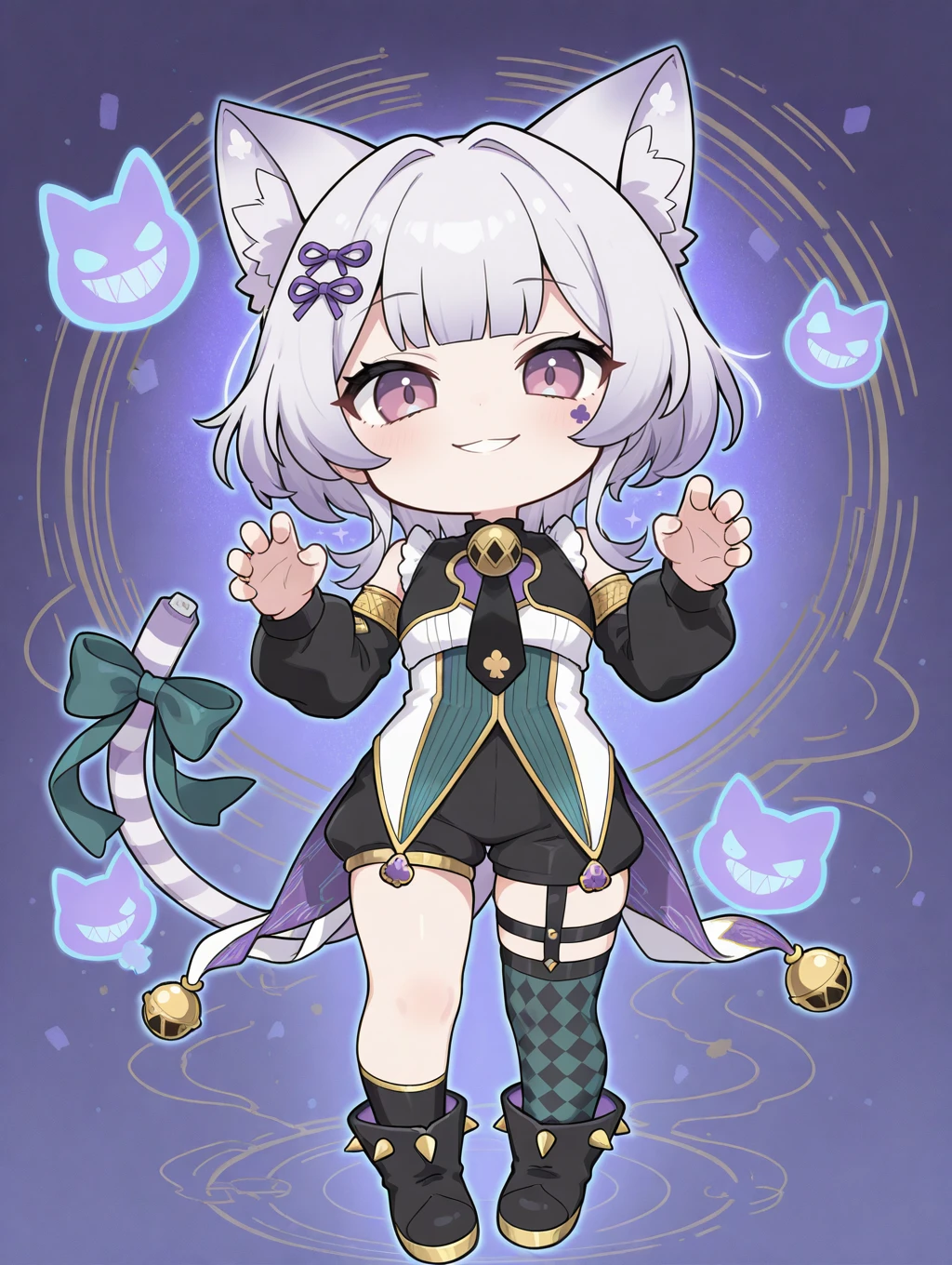malice pawn cheshire cat,solo,chibi,claw pose,1girl,cat girl,smile,detached sleeves,looking at viewer,neck bell,black boots,black shorts,full body,asymmetrical legwear,green tail ribbon,black dress,purple club facial mark,
masterpiece,best quality,amazing quality,very aesthetic,absurdres,newest,<lora:MALICE Pawn Cheshire Cat illuXL v1:0.7>,
