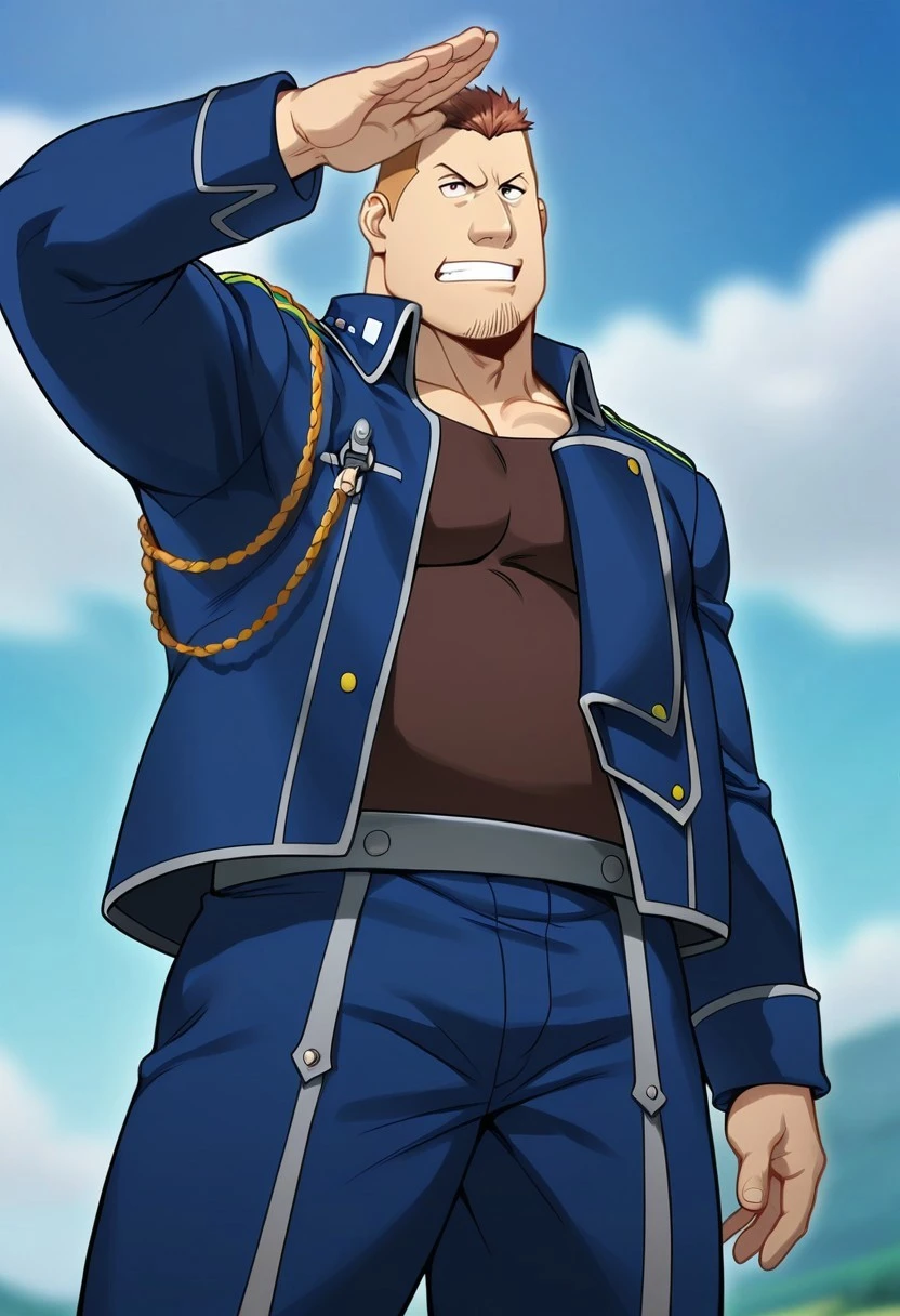 score_9, score_8_up, score_7_up, score_6_up, perfect anatomy, perfect proportions, best quality, masterpiece, high_resolution, high quality, aesthetic, absurdres, (male focus), solo male, adult, mature, masculine, manly, handsome, charming, alluring, cowboy shot, dutch angle, source_game \(Tokyo Afterschool Summoners\), source_game \(housamo\), official style \(Tokyo Afterschool Summoners\), official style \(housamo\), Hogen, TASHogen, old man, wrinkle, gold eyes, white hair, short hair, facial hair, beard, TASHogen_outfit02, Japanese police uniform, Japanese police peaked cap, light blue collared shirt, short sleeves shirt, jacket over shoulder, black police jacket, wrist rope, black pants, thigh strap, from below, low angle