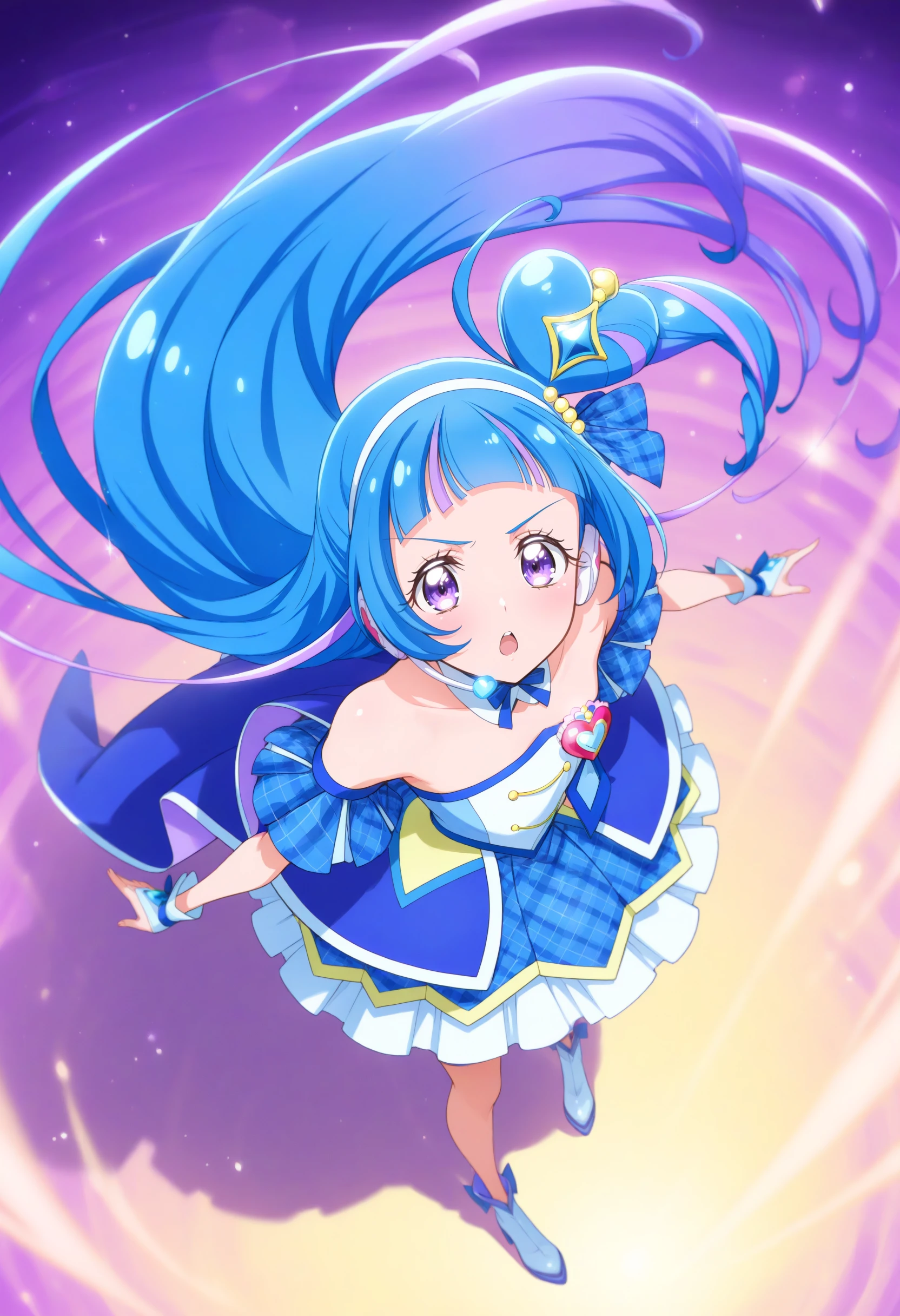 cure wink, kimi to idol precure, blue hair, magical girl, mini crown, purple eyes, blue dress, tilted headwear, very long hair, blunt bangs, bare shoulders, hairband, two-tone hair, purple hair, jewelry, idol clothes, idol, heart brooch, headset, <lora:curewink_Illust_v1:0.8>
masterpiece, best quality, newest, absurdres, CG, anime, source anime, illustration,
from above, full body, looking at viewer, frown, fortresses, open mouth