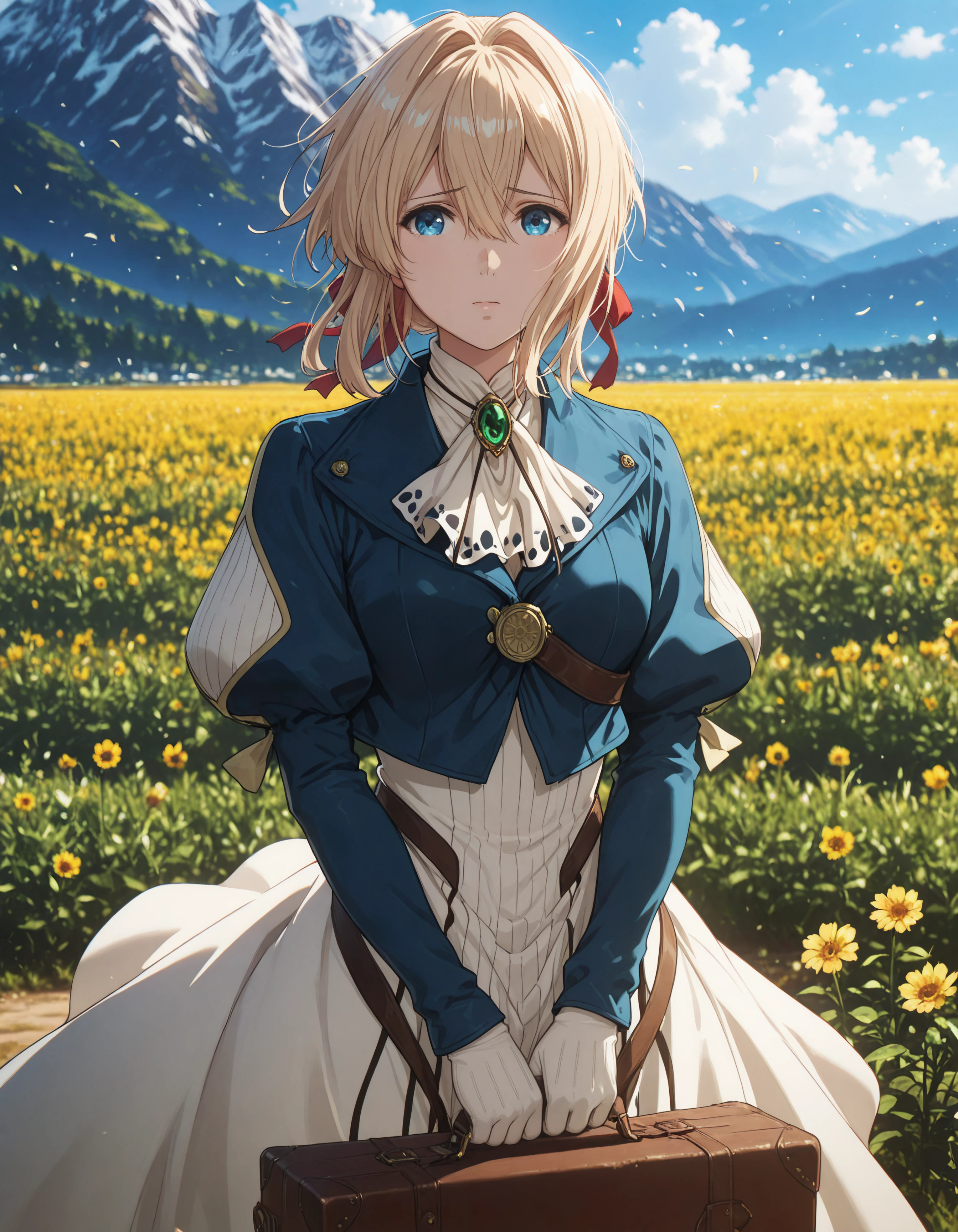 blonde hair, voilett, big blue eyes, silver prosthetic arms, blue eyes, 1girl, solo, looking_at_viewer, short_hair, blue_eyes, skirt, blonde_hair, long_sleeves, gloves, dress, holding, ribbon, hair_between_eyes, closed_mouth, jewelry, standing, jacket, hair_ribbon, flower, outdoors, cowboy_shot, sky, day, puffy_sleeves, medium_hair, belt, cloud, white_gloves, white_dress, bag, blurry, blue_sky, red_ribbon, looking_to_the_side, lips, ascot, blurry_background, hair_intakes, white_skirt, blue_jacket, juliet_sleeves, gem, brooch, buckle, cropped_jacket, yellow_flower, v_arms, mountain, holding_bag, field, white_ascot, flower_field, mountainous_horizon, suitcase, green_gemstone, briefcase, worried, bolo_tie, lapel_pin, holding_suitcase, holding_briefcase
hdr, low contrast, masterpiece, best quality, absurdres, highres, perfect anatomy, anime style, anime screenshot, 8k wallpaper, ultra high quality, extremely detailed cg, perfect lighting, (sharp image)