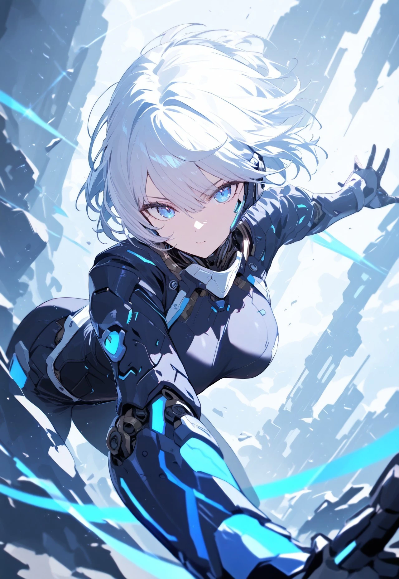 masterpiece, high score, great score, absurdres 1girl, sci fi, looking at viewer, floating hair, dynamic pose, blue eyes, white hair, short hair, android
