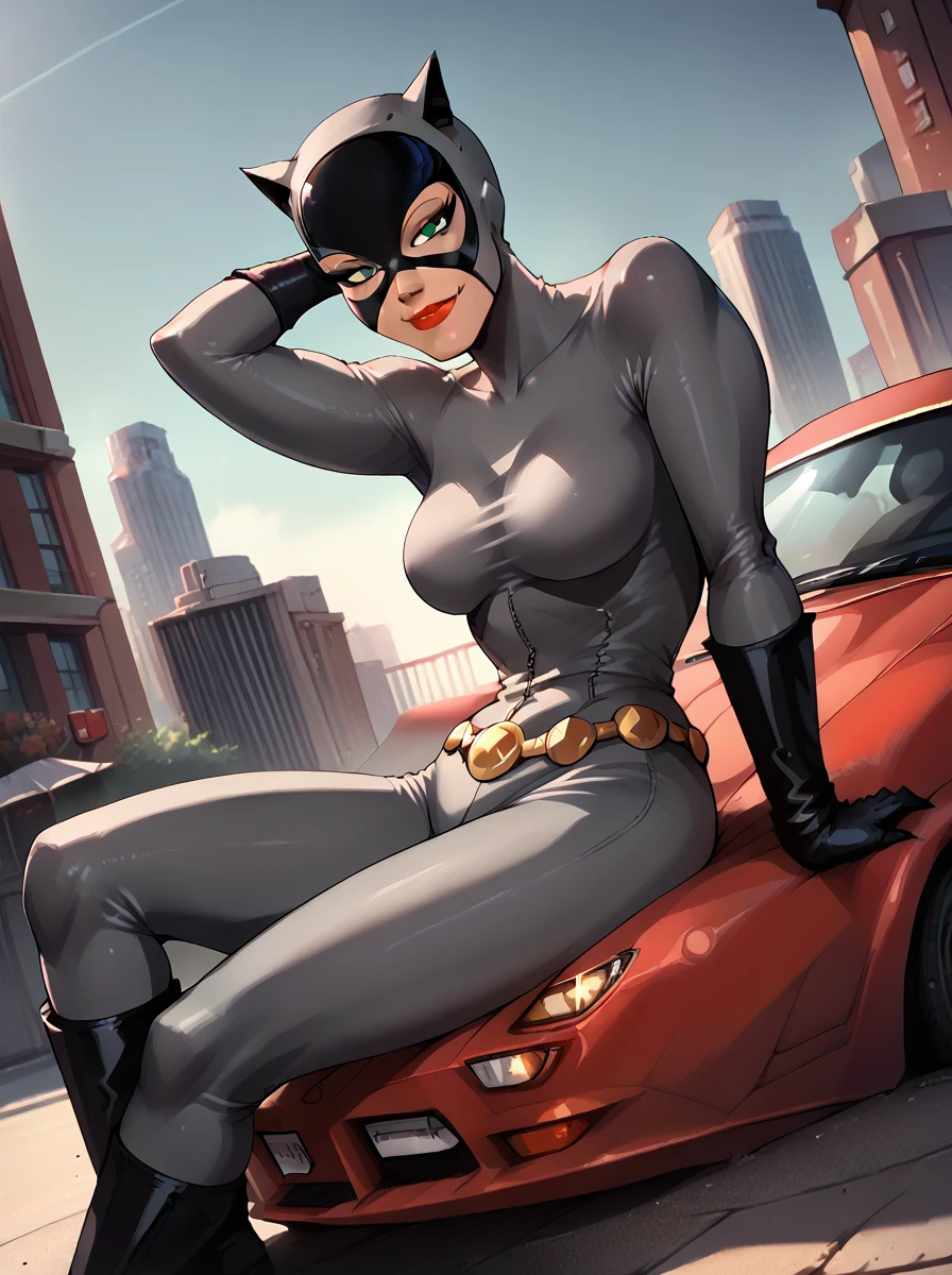 <lora:Sitting_On_Car:0.7>, c4rs1t, motor vehicle, ground vehicle, red sports car, from side, dutch angle, sitting, reclining, on back, arms behind head, cowboy shot, 1girl, outdoors, gotham city, looking at viewer, smile, <lora:Catwoman_-_batman_animated_pony_v1:1>, <lora:PONYXL_LewisArt_ownwaifu:0.4>, <lora:dcau-330:0.2>, c4tw0m4n, 1girl, grey mask, grey bodysuit, black gloves, black boots, gold belt, attractive, feminine, mature, score_9, score_8_up, score_7_up, score_6_up, score_5_up, score_4_up,