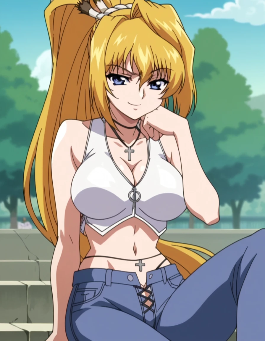 score_9, score_8_up, score_7_up, source_anime, <lora:serori-hiiragi-ova-ponyxl-lora-nochekaiser:1>, serori hiiragi, long hair,blue eyes, blonde hair, large breasts, very long hair, ponytail, hair intakes, anime screencap, navel, cleavage, midriff, pants, cross, denim, jeans, crop top, bare shoulders,, amusement park, rides, crowds, fun, colorful, smile, head rest, smug, looking at viewer, solo,, cowboy shot, solo