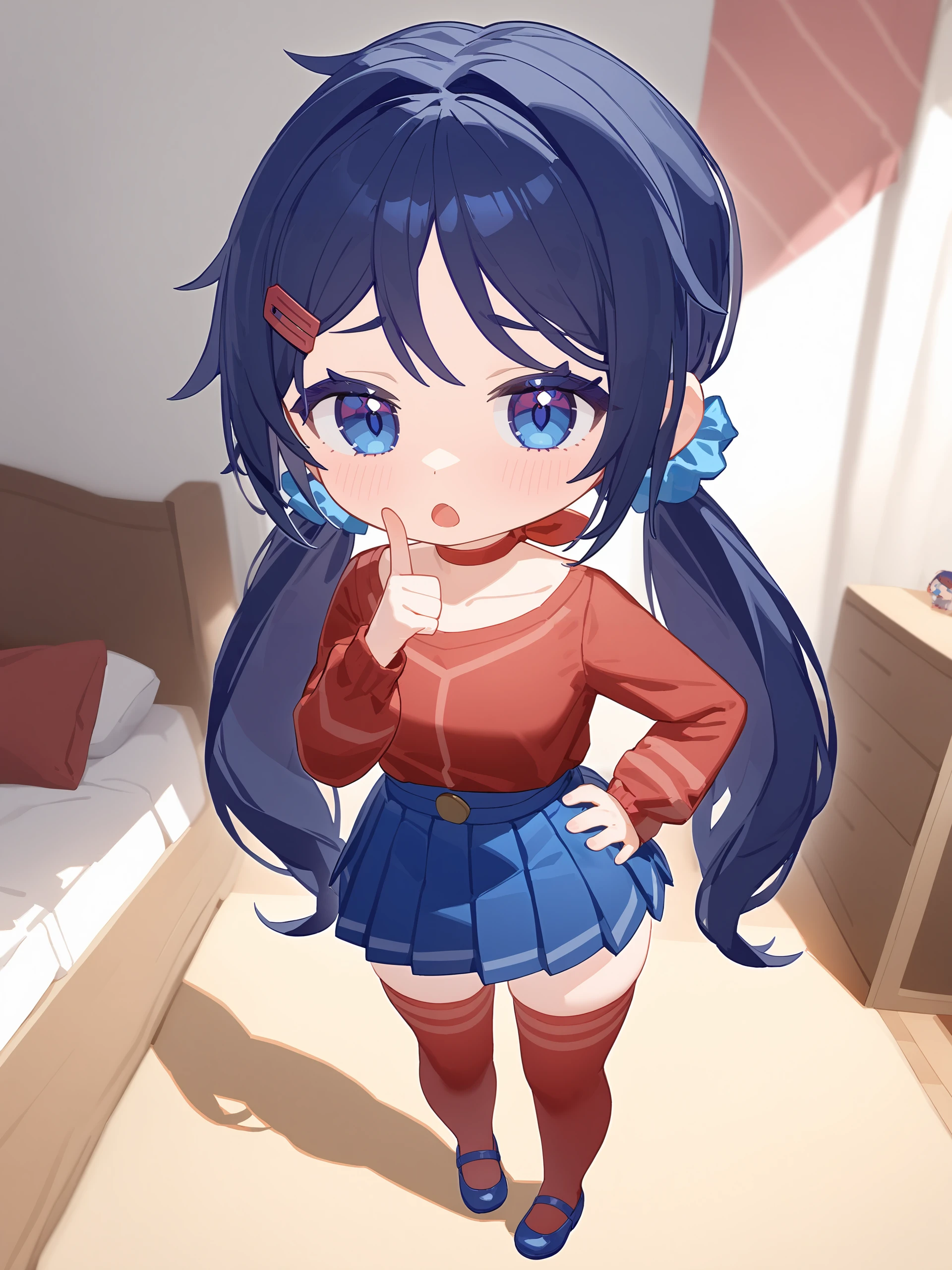 illustration, incredibly absurdres, ultra detailed, masterpiece, best quality, perfect features, intricate details, ray tracing, very aesthetic,  <lora:Char-Miside-Mita-V1-SDXL:1:hr=0.6>,  1girl, mita \(miside\), chibi, solo, low twintails, hairclip, hair scrunchie, red shirt, red ribbon choker, blue pleated skirt, red thighhighs, blue mary janes, index finger raised, hand on own hip,  standing, full body, open mouth, raised eyebrows, looking at viewer, indoors, bedroom, depth of field