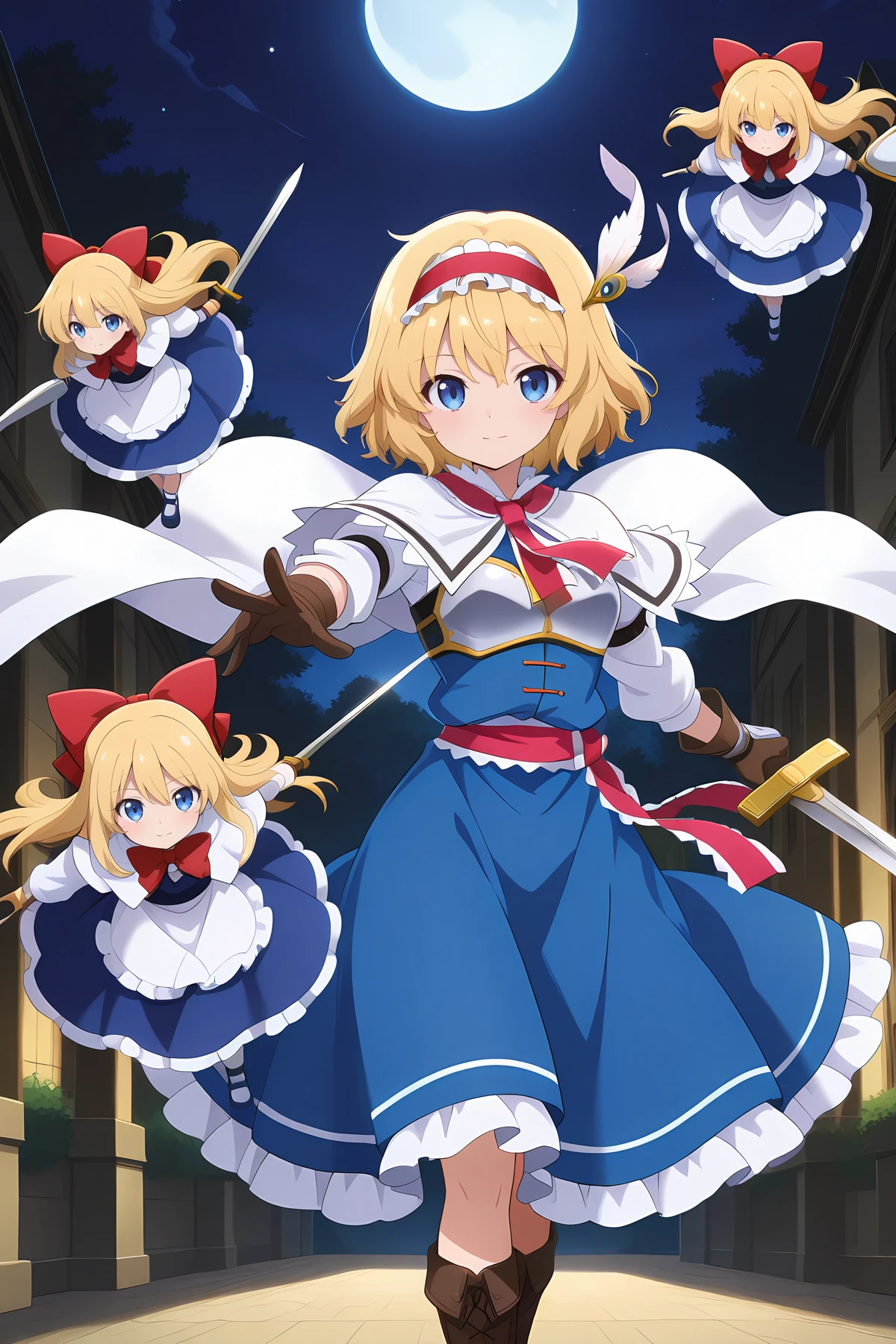 absurdres, highres, masterpiece, best quality, amazing quality, official anime artwork, screencap, anime screencap, outdoors, looking at viewer, light smile, dynamic pose,
<lora:Alice-Margatroid_Illustrious:1> alice margatroid, 1girl, solo, blonde hair, blue eyes, short hair, breasts,, alice margatroid \(magical girl of constellations\), shanghai doll, adapted costume, armor, belt, breastplate, dress, frilled hairband, frills, hairband, holding sword, red hairband, short hair, gloves, footwear, long sleeves, armor gloves, armor boots, hat feather, white sleeves, white cape,