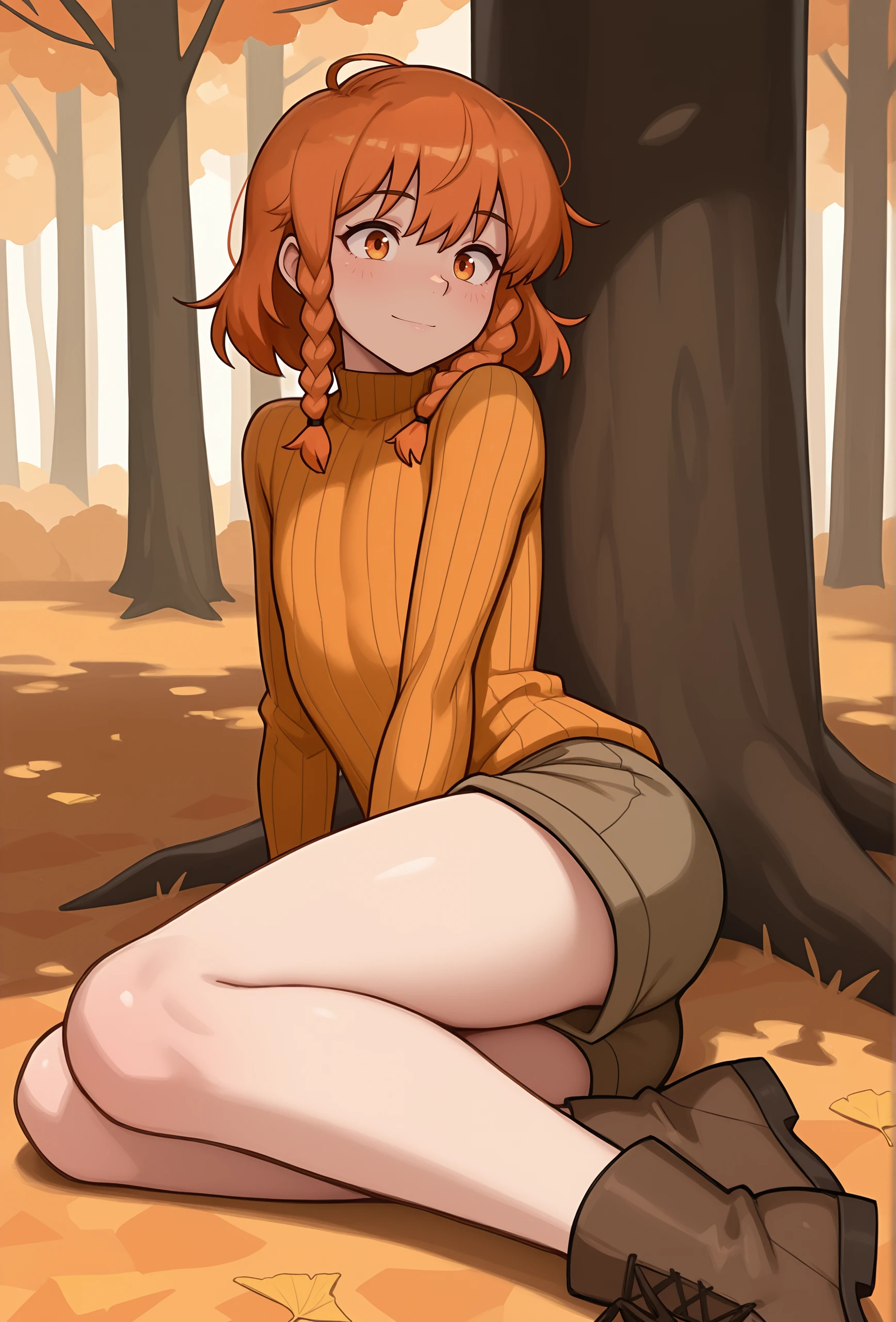 (masterpiece, best quality, very aesthetic, absurdres:1.2),  <lora:dross_style_illustrious_v1:1> drstyle, 1boy, otoko no ko, orange hair, orange eyes, light smile, medium hair, braided sidelocks BREAK
orange turtleneck, ribbed sweater, brown footwear, brown cargo shorts, tree, wind, tree shade, forest, (autumn:1.1), detailed background, sitting, on ground, low angle, path