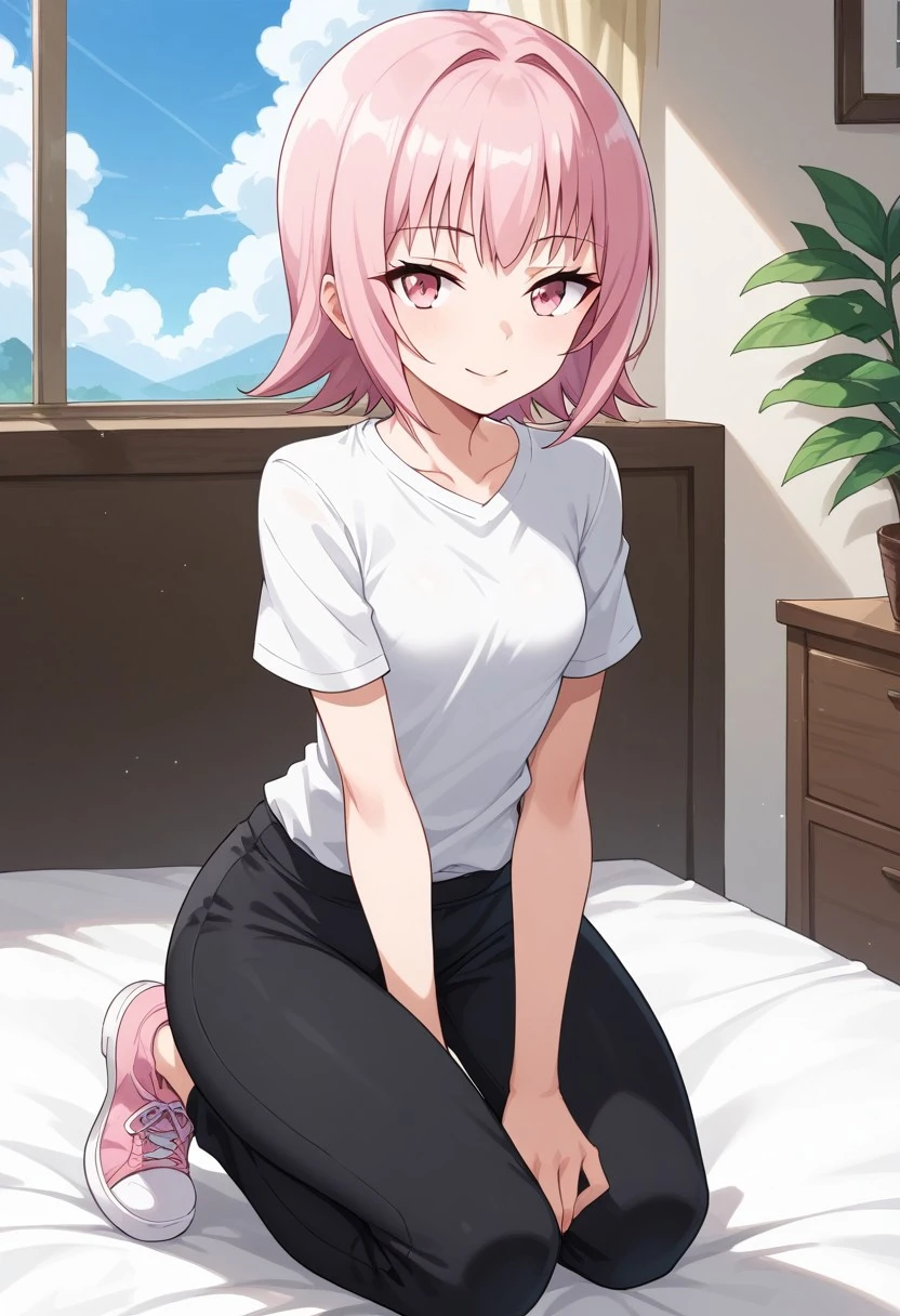 ,score_9, score_8_up, score_7_up, score_6_up, score_5_up,(solo:1.9),1girl,
BREAK
Tamao Tamamura , pink hair, pink eyes, short hair, (small breasts),white shirt,short sleeves,black pants, pink sneakers,on knees,
BREAK
Prades blue sky