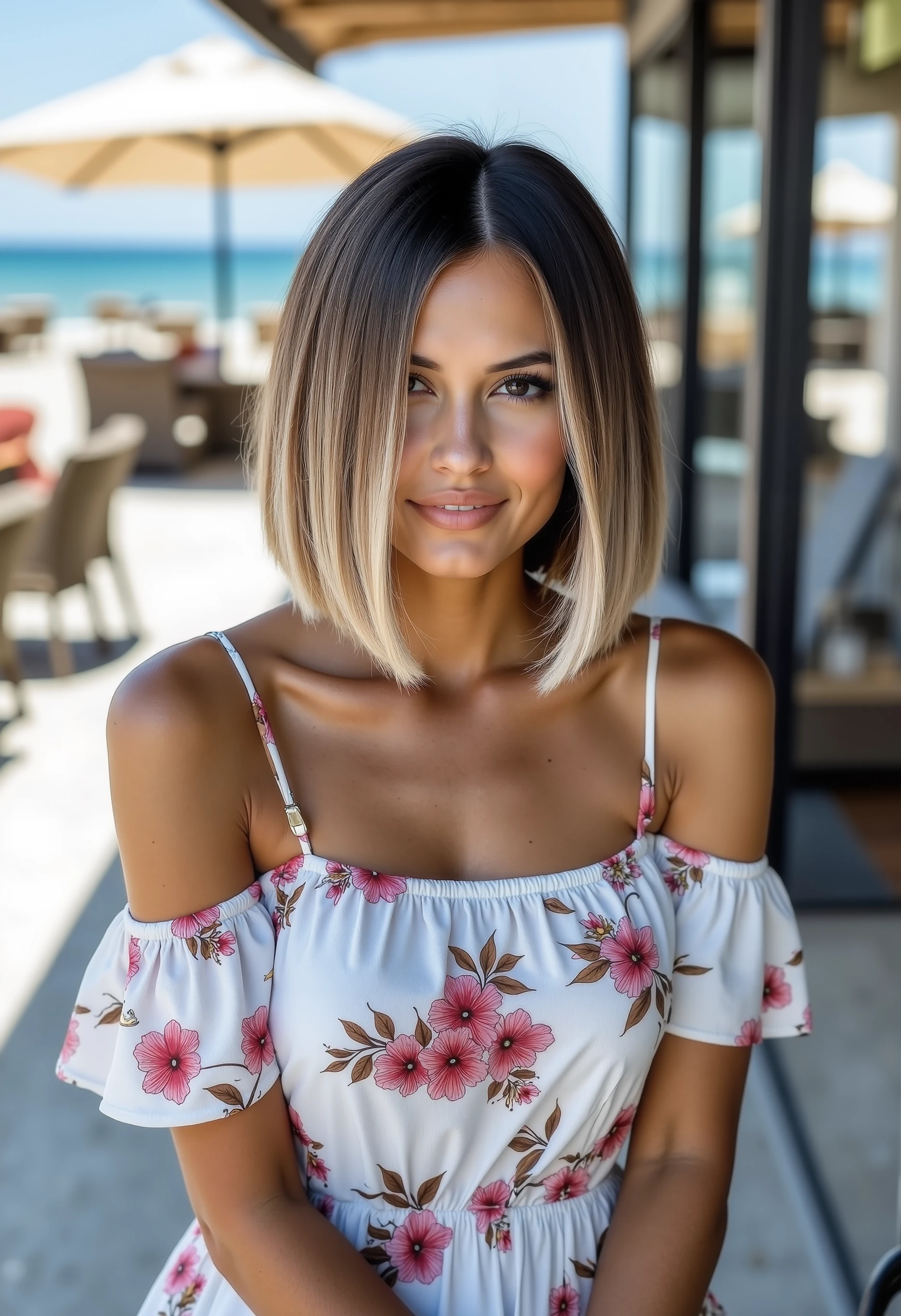 beautiful woman with haist001 sleek and straight blunt-cut bob. The hair transitions from dark brown roots to icy blonde tips, with a smooth, silky texture. Chin-length with a slight inward curve. wearing loose fit summer dress and white sneakers. The summer dress have flowers pattern and is shoulder free. Stitting in at a beach bar.