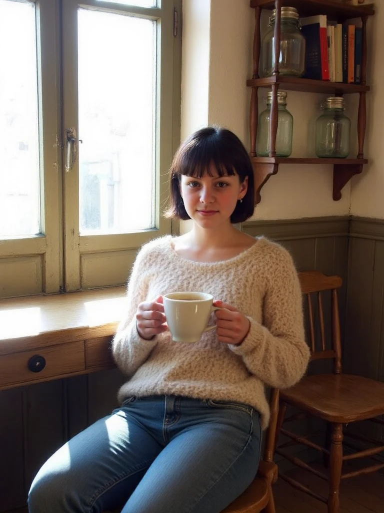 A young woman sits in a cozy, old-fashioned café, dressed in casual attire—a snug sweater paired with jeans. She holds a steaming cup of coffee with both hands, her serene expression illuminated by sunlight streaming through large, vintage windows. The café exudes warmth and rustic charm, featuring wooden furniture, antique decorations, and shelves lined with books and glass jars. The atmosphere feels tranquil and timeless, with soft, golden lighting that enhances the intimate and inviting character of the setting