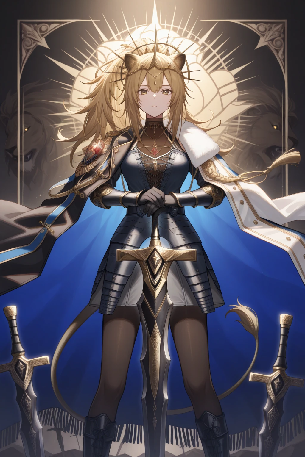 masterpiece, best quality, looking at viewer, expressionless, 1girl, si3g3, large breasts, lion ears, lion tail, yellow eyes, blonde hair, hair between eyes, sidelocks, ponytail, long hair, fringe trim, hair ornament, crown, head chain, two-sided cape, black cape, blue cape, crest, blue armored dress, see-through cleavage, criss-cross straps, black belt, faulds, vambraces, black gloves, black pantyhose, knee boots, holding sword, planted sword, hands on hilt, abstract background, <lora:Hoseki_Arknights_Siege_lllustriousXL:1>