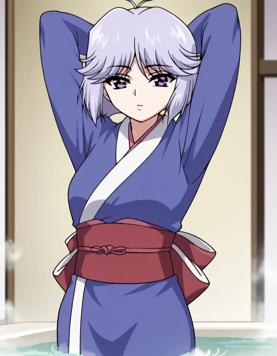 score_9, score_8_up, score_7_up, source_anime, <lora:hinano-hiiragi-ova-ponyxl-lora-nochekaiser:1>, hinano hiiragi, short hair, purple eyes, light purple hair, mature female, small breasts, anime screencap, japanese clothes, kimono, sash, obi, blue kimono, bathtub, water, bubbles, steam, towel, , <lora:mememe-dance-ponyxl-lora-nochekaiser:1>, mememe dance, me!me!me! dance (meme), dancing, ass shake, arms up,, looking at viewer, solo,, cowboy shot, solo