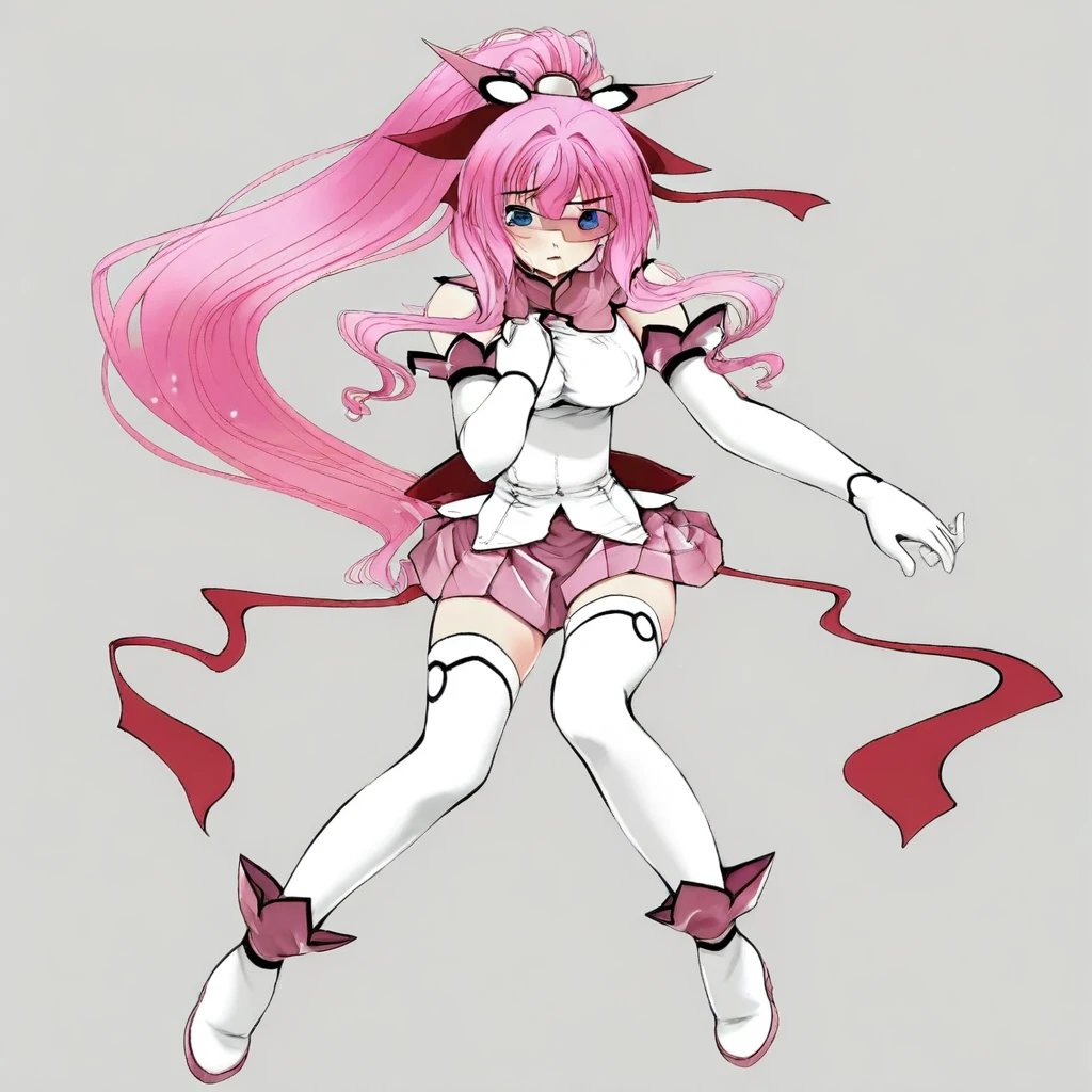 shine mirage(magical), pink hair, long hair, ponytail, hair ornament, hair ribbon, blue eyes, half visor, cape, low-cut top, pink skirt, elbow gloves, thighhighs, ankle boots, injured,