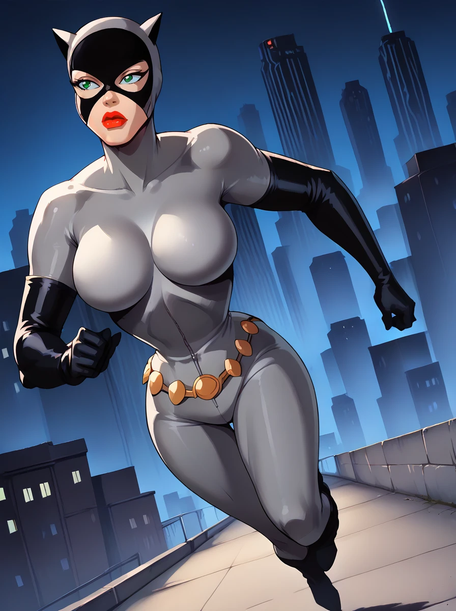 <lora:Catwoman_-_batman_animated_pony_v1:1>, <lora:PONYXL_LewisArt_ownwaifu:0.4>, <lora:dcau-330:0.2>, c4tw0m4n, 1girl, mature woman, grey bodysuit, grey mask, green eyes, red lips, large breasts, gold belt, black elbow gloves, black boots, from above, running, rooftops, from side, dutch angle, , outdoors, cityscape, gotham city, score_9, score_8_up, score_7_up, score_6_up, score_5_up, score_4_up,