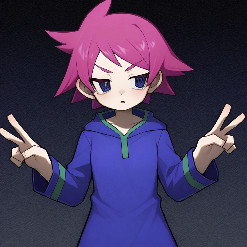 <lora:V1V404:1> v1v404
BREAK
<lora:Kumatora:1> kumatoramother3, 1girl, solo, short hair, pink hair, hoodie, sweater dress, tomboy, blue dress