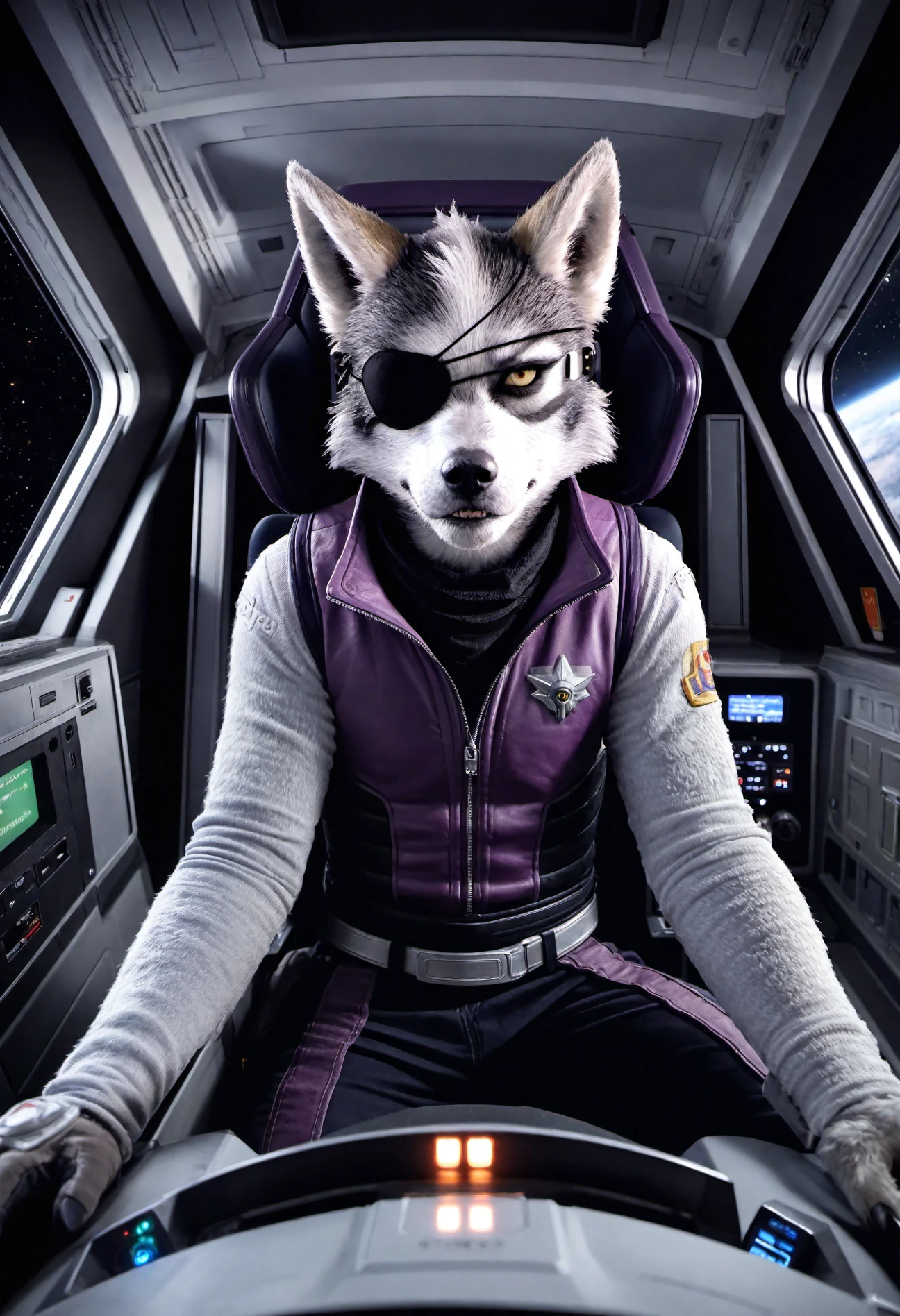 photorealistic, masterpiece,wolf o'donnell, star fox, eye-patch, spaceship interior, cockpit pov, upperbody focus, outerspace