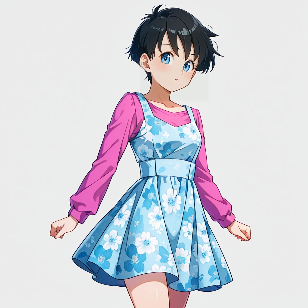 <lora:Videl_illustrious_v1:1> VidelShortHair, black hair, 1girl, blue eyes, short hair, collarbone, cowboy shot, <lora:FloralJskDressILL:0.7> dress,floral print,long sleeves