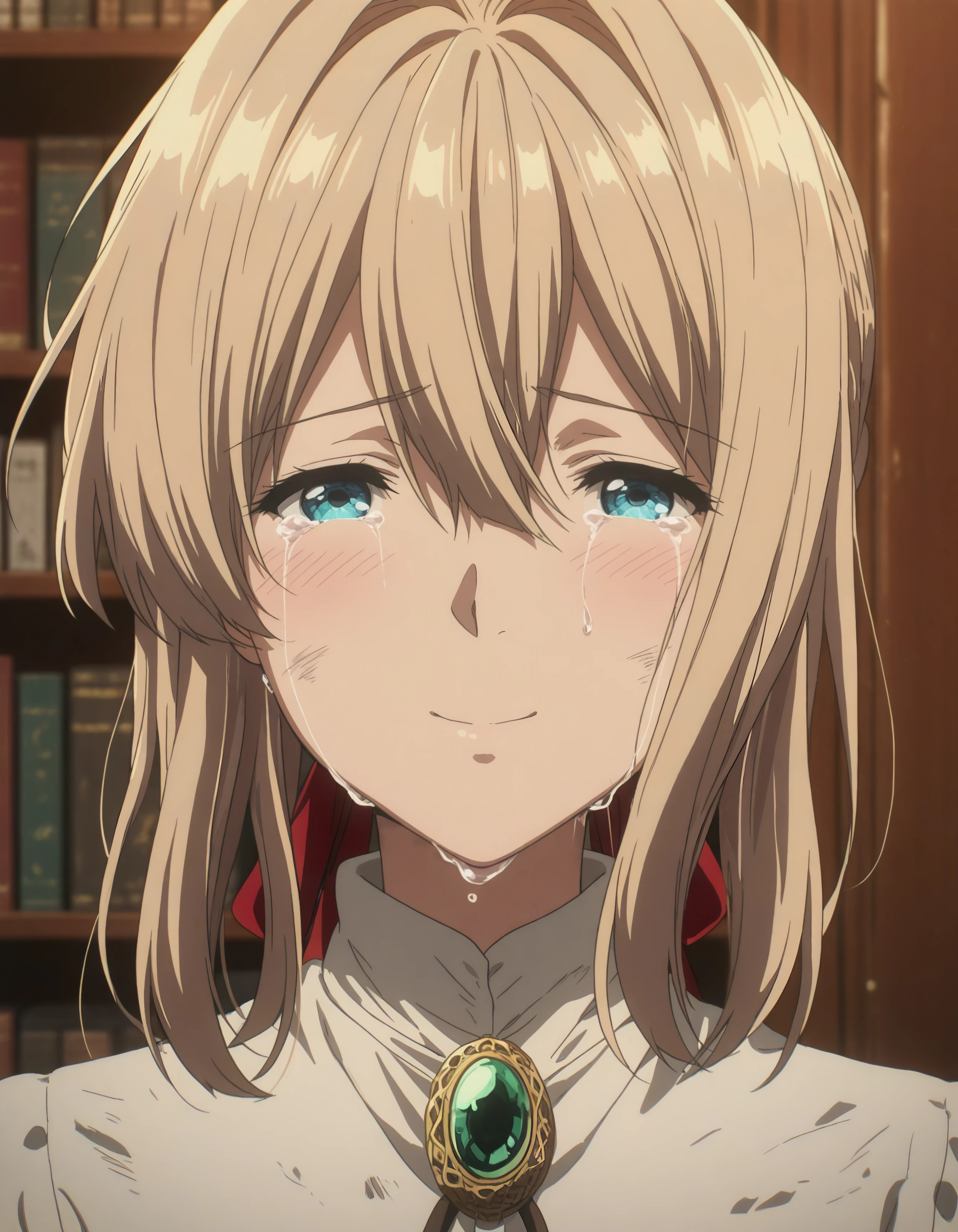 blonde hair, voilett, big blue eyes, silver prosthetic arms, blue eyes, 1girl, solo, looking_at_viewer, blush, smile, blue_eyes, shirt, blonde_hair, dress, ribbon, hair_between_eyes, closed_mouth, jewelry, green_eyes, white_shirt, hair_ribbon, sidelocks, indoors, medium_hair, tears, white_dress, blurry, red_ribbon, blurry_background, hair_intakes, half-closed_eyes, crying, portrait, gem, brooch, crying_with_eyes_open, straight-on, bookshelf, sad, dirty, green_gemstone, dirty_face, dirty_clothes, bolo_tie,
hdr, low contrast, masterpiece, best quality, absurdres, highres, perfect anatomy, anime style, anime screenshot, 8k wallpaper, ultra high quality, extremely detailed cg, perfect lighting, (sharp image)