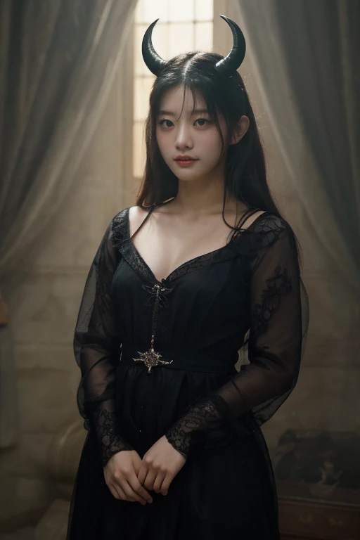 An unparalleled 8K UHD professional photograph that stands as a testament to the zenith of artistic vision, set against the backdrop of a spellbinding fantasy realm. At the heart of this realm is a 19-year-old asian girl, a figure of sublime beauty with cascading soft silver hair that glimmers like strands of starlight. Her presence is a harmonious contradiction: while her visage radiates innocence, her amazingly elegantly arched black devil horns unveil her true identity as a bona fide real demon. These devil horns, majestic yet menacing, are a perfect embodiment of her dual nature, blending seamlessly with her enchanting allure. Her pale hands, captured in exquisite detail, are not just visually striking but are also imbued with the narrative of her demonic heritage, each line and curve a whisper of her ancient lineage. By her side stands a majestic, enigmatic giant crow, a noble companion whose presence complements her own formidable essence. Their bond transcends the ordinary, radiating a joy that is both pure and deeply rooted in their shared mystical bond. The scene is bathed in a resplendent natural light that not only illuminates but also enhances the surreal elements of this otherworldly setting. The light weaves through her hair, dances around her horns, and casts a noble glow on her scary giant crow companion, against a backdrop that is vibrant and dreamlike. This composition is a masterful interplay of light and shadow, adding depth and dimension, and rendering every texture so vivid that it feels tangible. This photograph is more than a visual feast; it's an immersive experience. The viewer is not merely observing but is drawn into a world where the line between reality and fantasy blurs, touched by the beauty, mystery, and intrinsic joy of this demon girl and her mythical crow. It's a portrayal that transcends the medium, capturing the essence of their otherworldly existence in a moment frozen in time.