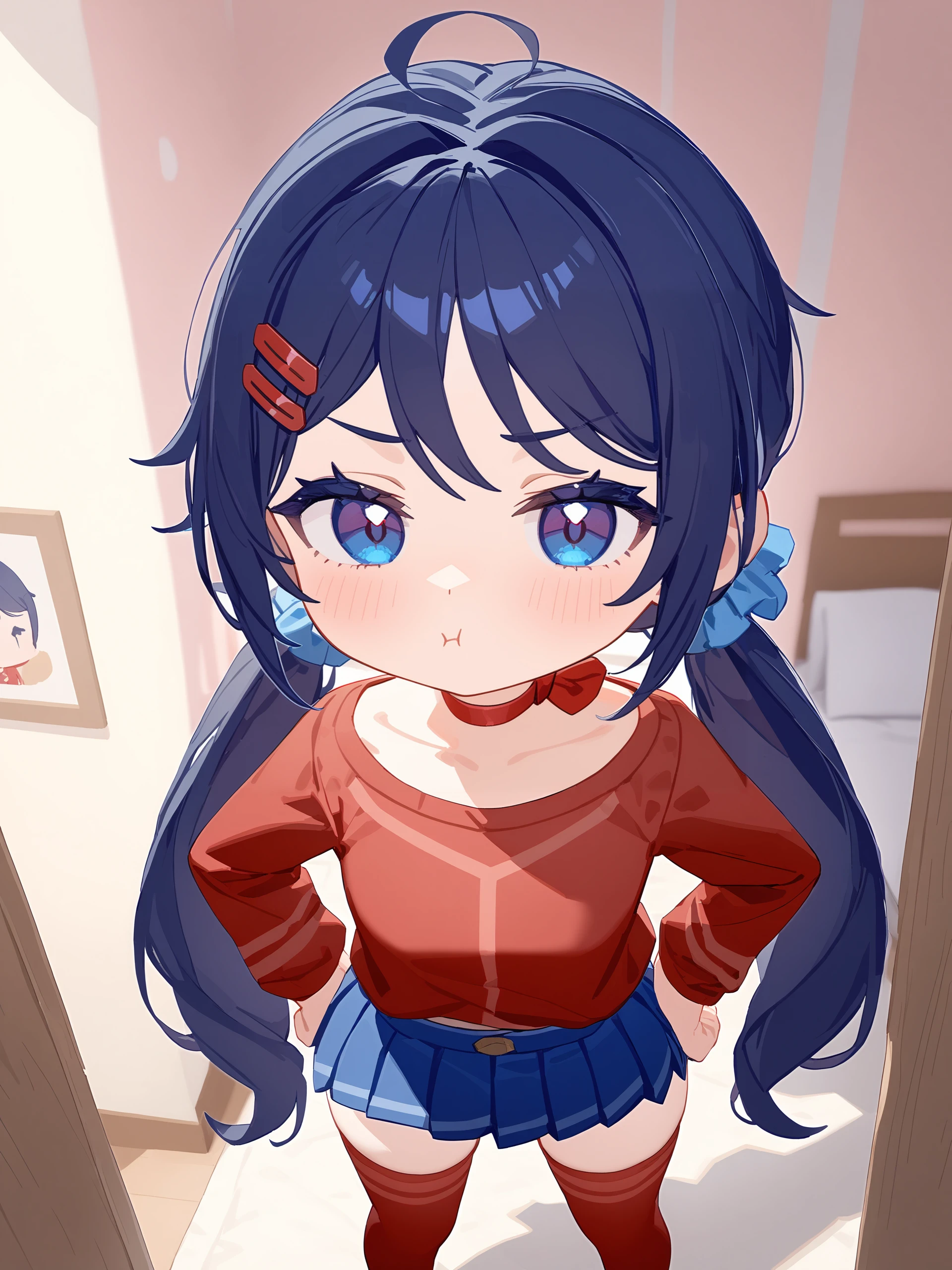 illustration, incredibly absurdres, ultra detailed, masterpiece, best quality, perfect features, intricate details, ray tracing, very aesthetic,  <lora:Char-Miside-Mita-V1-SDXL:1:hr=0.6>,  1girl, mita \(miside\), chibi, solo, low twintails, hairclip, hair scrunchie, red shirt, red ribbon choker, blue pleated skirt, red thighhighs, hands on own hips, standing, cowboy shot, pout, looking at viewer, indoors, bedroom, depth of field