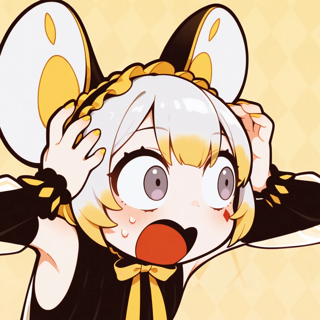 malice pawn dormouse,1girl,solo,frilled hairband,red argyle facial mark,fake mouse ears,black leotard,see-through skirt,see-through sleeves,yellow bow,upper body,surprised,hands on own head,looking to the side:1.2,open mouth,wide-eyed, castle, big_mouth, yellow_nails, eye_to_the_side, argyle background,
masterpiece,best quality,amazing quality,very aesthetic,absurdres,newest,<lora:MALICE Pawn Dormouse illuXL v1:0.75>,