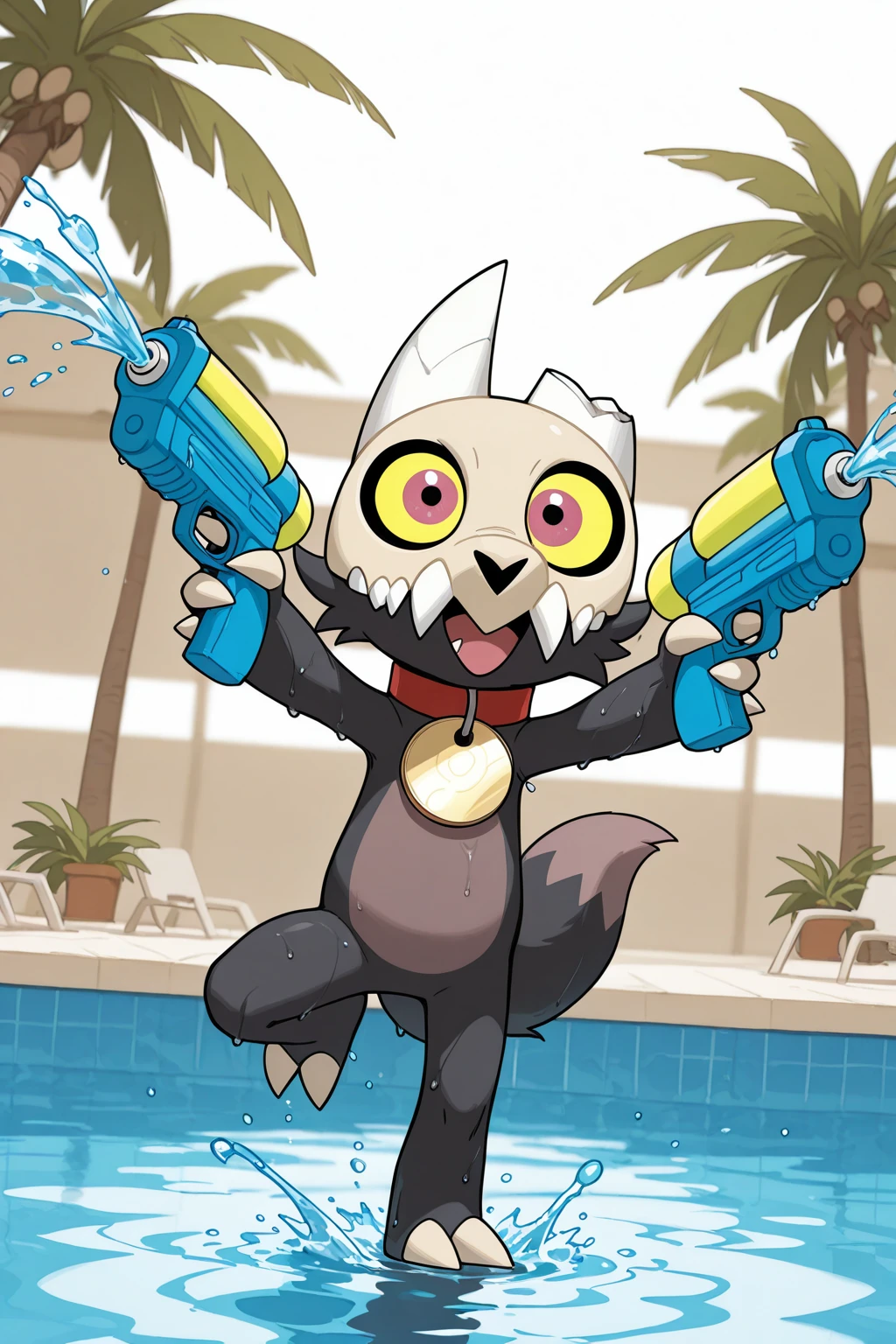 masterpiece, good quality, best quality, very awa, very as2, absurdres, highres
<lora:King ClawthorneilluLoRA:1>kngclw, skull helmet, teeth, pokemon (creature), colored sclera, red collar with circle pet tag, claws, tail, broken horn, holding water guns, dual wielding, water splash, happy, smile, open mouth, wet, dynamic pose, acrobatic pose, pool, palm trees
<lora:Michael Turner Marc SylvestriStyleIlluLYCO:1> mtms