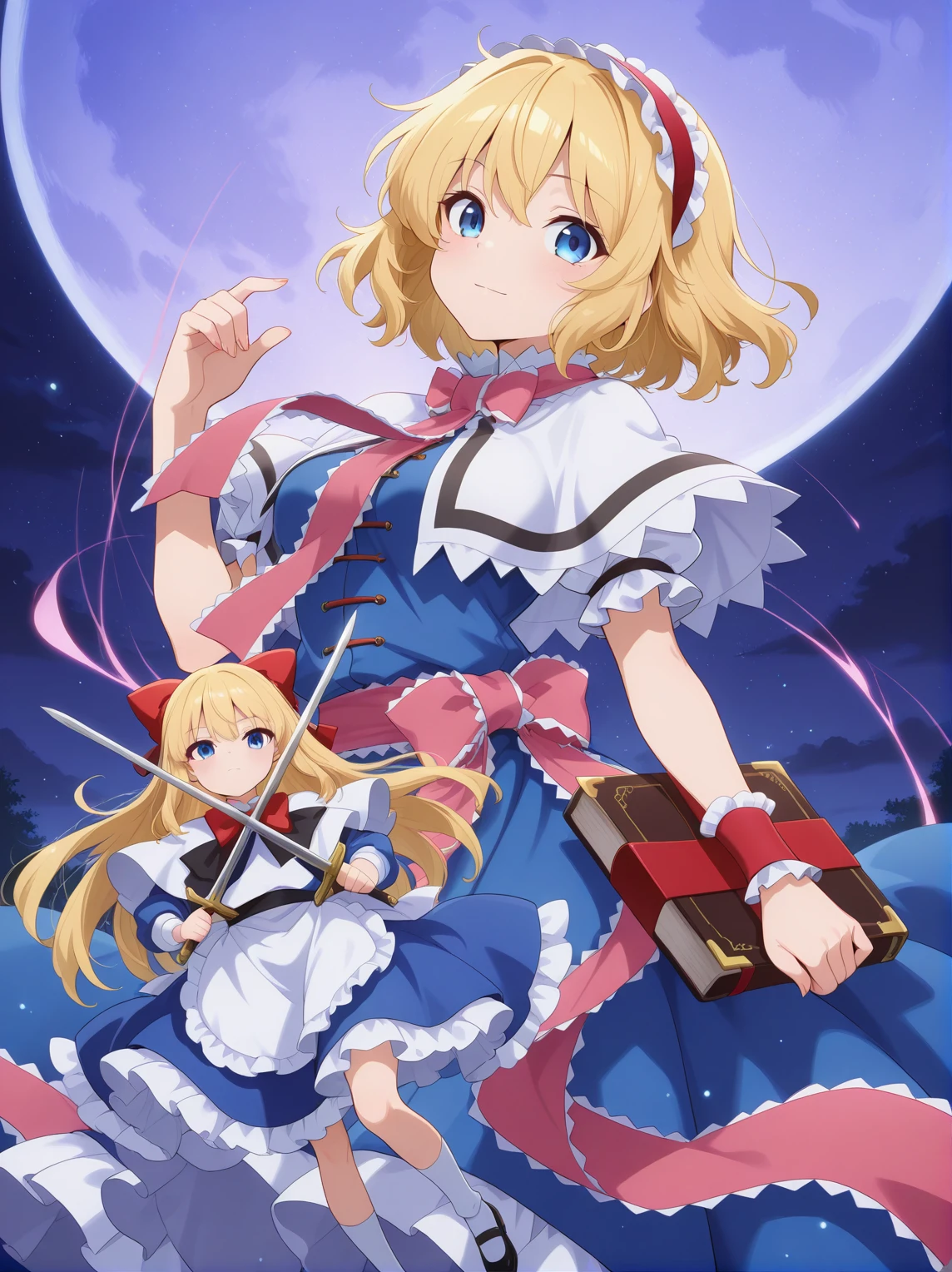 absurdres, highres, masterpiece, best quality, amazing quality, official anime artwork, screencap, anime screencap, dynamic pose, light smile, light particles, moon, looking at viewer,
<lora:Alice-Margatroid_Illustrious:1> alice margatroid, 1girl, solo, blonde hair, blue eyes, short hair, breasts,, white shirt, puffy short sleeves, white capelet, blue dress, red hairband, frilled hairband, red bowtie, sash, grimoire of alice, shanghai doll, swords, stars, sky, night,