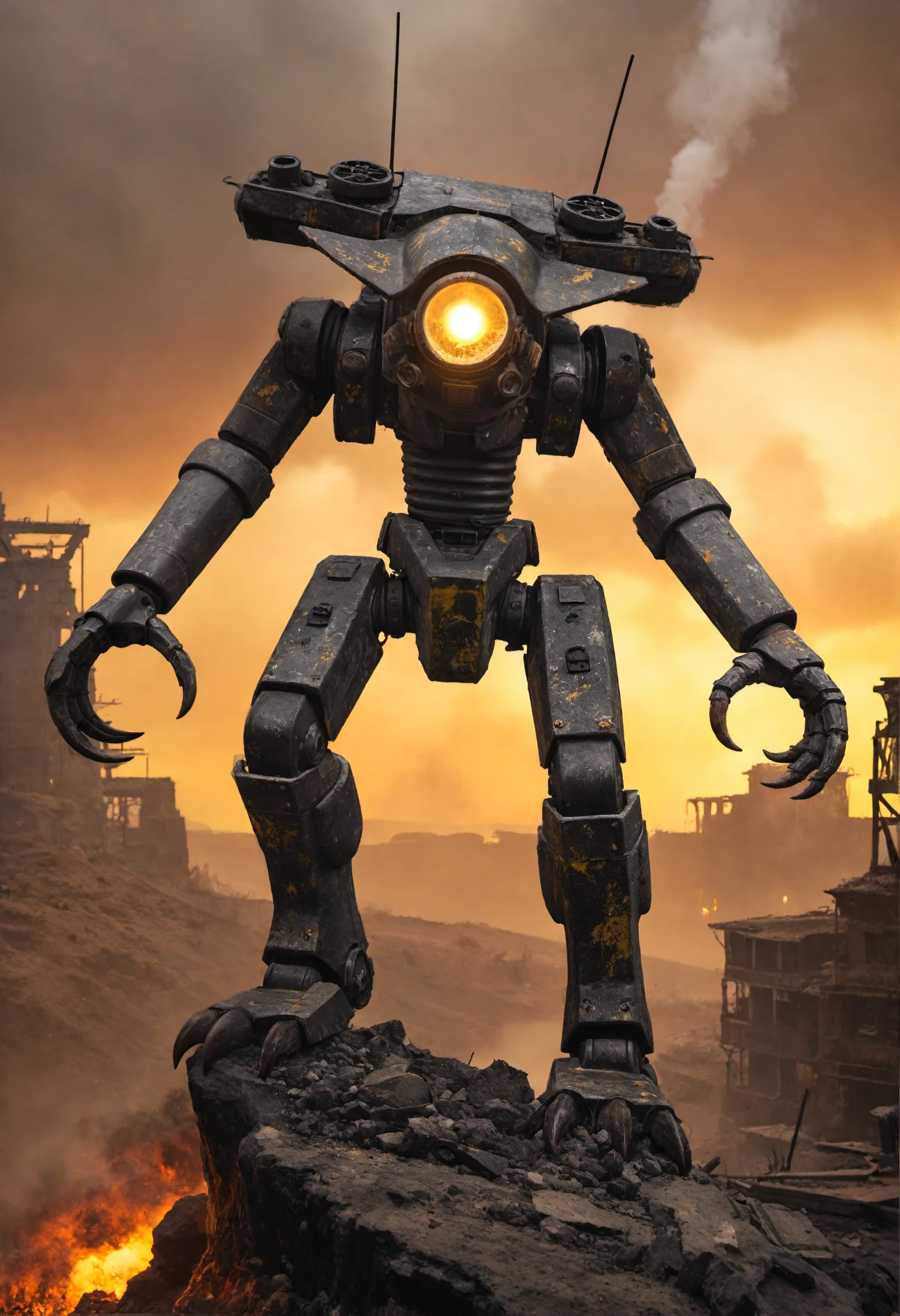 ,photorealistic imagery,
mech-arachnid-man-warrior, standing tall,sharp claws,  debris, or scraps of metal, 8 arms flexed and posed in a powerful stance, red and black armor plating covering most of his body, yellow glowing accents on his eyes and joints, white smoke billowing from the wasteland below, Martian dust devils swirling around his feet, cliff edge crumbling away beneath him, overlooking a desolate futuristic cityscape with ruins of skyscrapers, twisted metal beams, and charred buildings, orange-red sunset glow casting long shadows across the barren landscape, atmospheric haze of toxic pollutants hanging low over the ravaged terrain, warm golden light illuminating the mech's metallic surface, high contrast between bright highlights and deep shadows, gritty texture and worn edges giving a sense of aged, battle-worn machinery, dramatic perspective emphasizing the vastness of the desolate waste