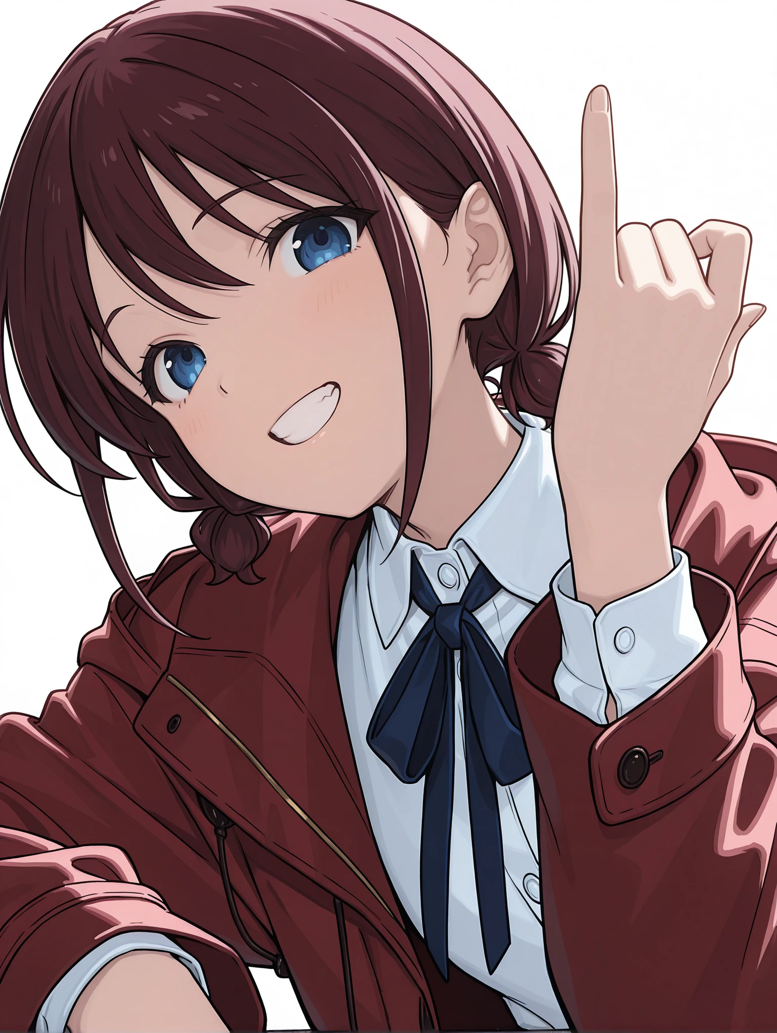 masterpiece,best quality,newest,1girl,solo,
<lora:NINA_ISERI_ilxl_v1:1>,nina_iseri,red coat,long sleeves,neck ribbon,white collared shirt,
<lora:Fixhands_anime_bdsqlsz_V1:1>,back of the hand,pinky out,white_background,simple_background,looking_at_viewer,upper_body,looking at viewer,grin,