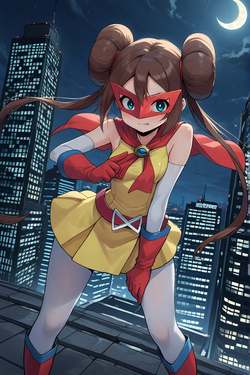 masterpiece, best quality, amazing quality, 1girl, solo, standing, on top of a skyscraper, night, moonlight, crescent_moon, rosagirl, brown_hair, blue_eyes, double_bun, twintails, superhero, yellow_dress, white_sleeves, red_cape, domino_mask, red_mask, red_gloves, belt, white_pantyhose, red_footwear, knee_boots