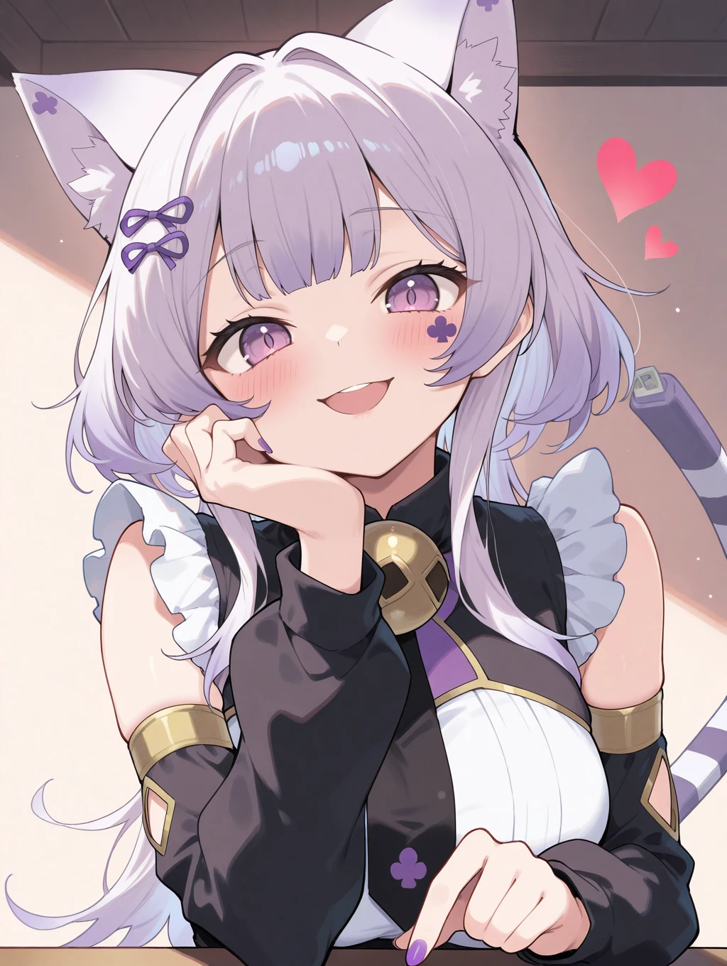 malice pawn cheshire cat, 1girl, solo, heart, looking at viewer, purple nails, open mouth, smile, blush, upper body, hand on own face, neck bell, detached sleeves, cat girl, black dress, purple club facial mark
masterpiece,best quality,amazing quality,very aesthetic,absurdres,newest,<lora:MALICE Pawn Cheshire Cat illuXL v1:0.7>,