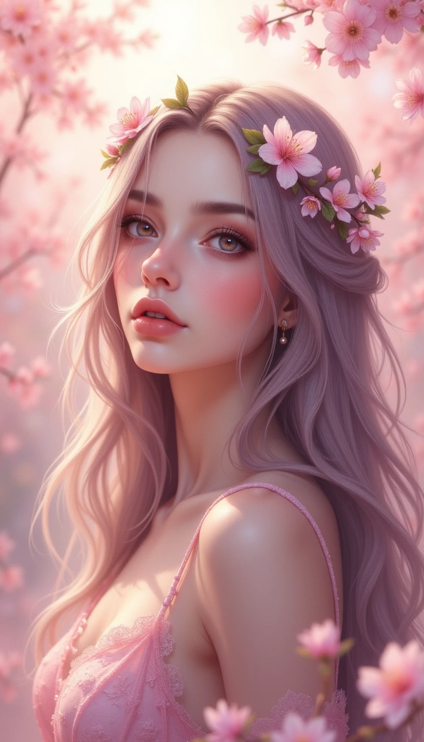 A high-quality digital artwork in the style of pinkdarkcanvas,
a radiant woman with soft, peach-toned skin and large, pastel pink eyes that sparkle like rose quartz. Her wavy hair flows in hues of pastel lavender and pale rose, adorned with blooming cherry blossoms. She wears a delicate floral crown with small pearls intertwined. Behind her, a garden of soft, blooming flowers fades into a dreamy, sunlit bokeh.