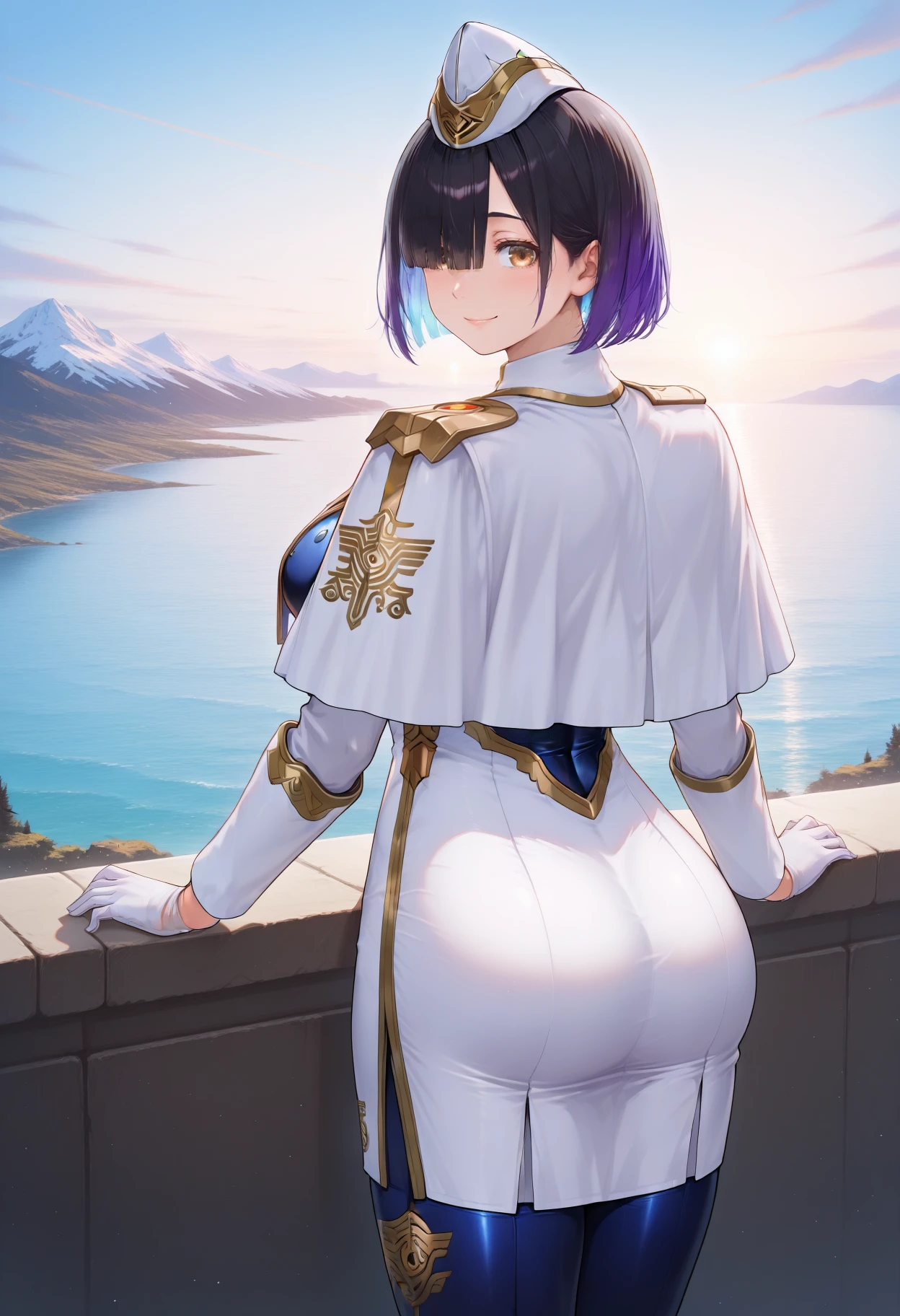 1girl, <lora:HodrFEH-IL:1> hodrFEH.
an illustration of a girl.
short hair, black hair, gradient hair, blunt bangs, garrison cap, hair over one eye, brown eye, 
white dress, clothing cutout, long sleeves, white sleeves, single pauldron, white capelet, white gloves, 
blue bodysuit under clothes, high heels, gold trim,
from behind, looking back, smile, cowboy shot, 
outdoors, mountains, horizon,
masterpiece, perfect quality, best quality, absolutely eye-catching,