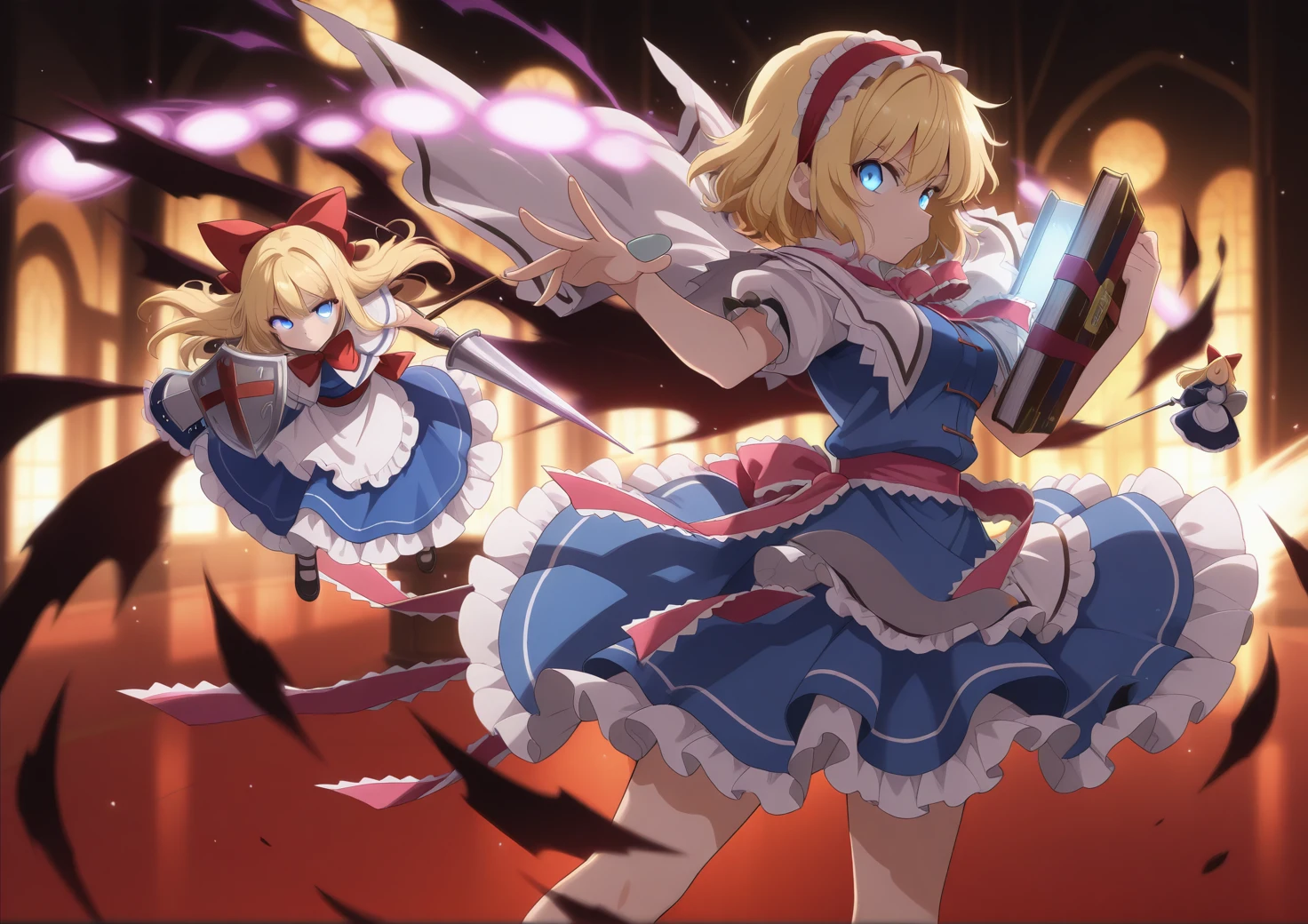 absurdres, highres, masterpiece, best quality, amazing quality, official anime artwork, screencap, anime screencap, dynamic pose, serious, glowing eyes, red floor, blurry background, light particles, danmaku, from the side, looking at viewer,
<lora:Alice-Margatroid_Illustrious:1> alice margatroid, 1girl, solo, blonde hair, blue eyes, short hair, breasts,, white shirt, puffy short sleeves, white capelet, blue dress, red hairband, frilled hairband, red bowtie, sash, grimoire of alice, doll, shanghai doll, polearm, shield