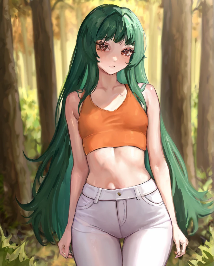masterpiece, best quality, highres, newest, puririkaaastyle, cowboy shot, eyelashes, green hair, long hair, brown eyes, orange crop top, small breasts, white pants, 1girl, solo, standing, looking at viewer, outdoors, forest <lora:Puririkaaa - Style v1.0 [LoRA] - Illustrious-XL v0.1:0.8>