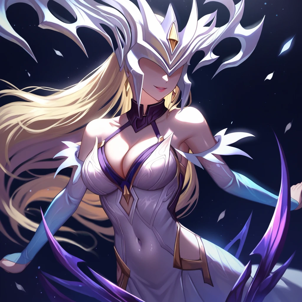 score_9, score_8_up, score_7_up,score_6_up,uncensored,detailed eyes,perfect eyes,extremely detailed CG,extremely detailed face,detailed Lora,best quality,source_anime,anime,perfect face, beautiful eyes,beautiful face, detailed eyes ,masterpiece,high resolution, distinct image BREAK <lora:Lissandra:1>Coven_Lissandra, 1girl, breasts, long hair, dress, solo, cleavage, large breasts, bare shoulders, smile, blonde hair, detached sleeves, covered navel, covered eyes, white dress,