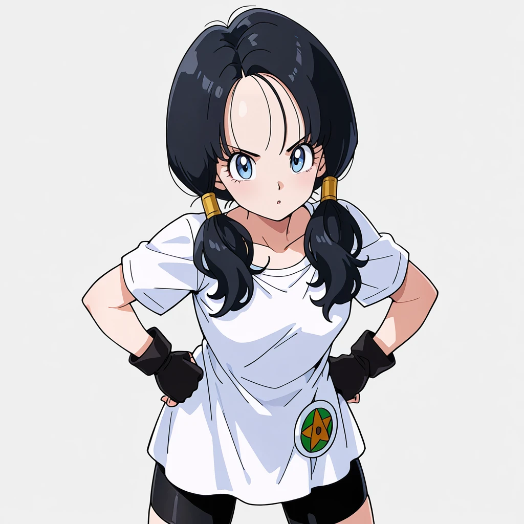 <lora:Videl_illustrious_v1:.8> VidellLongHair, 1girl, fingerless gloves, twintails, black hair, white shirt, black gloves, blue eyes, bike shorts, eyelashes, short sleeves, looking at viewer, hands on hips