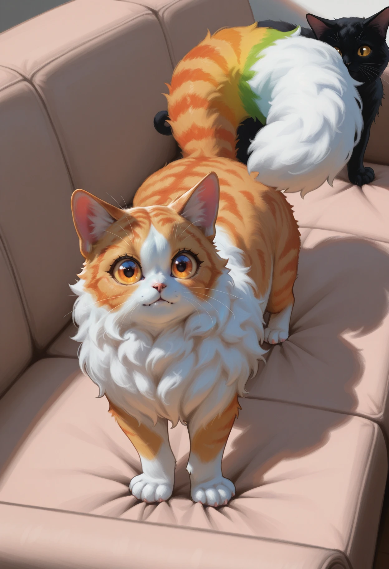 <lora:PaintedFantasyNovusV3:0.8> pa1nt1ng,
(closeup of a cute fluffy cat, soft paws:1.4), animal, cat, animal focus, whiskers, cat on a sofa, full body, big eyes, all fours, rainbow fur,, masterpiece, best quality, amazing quality, intricate detail, highly detailed, absurdres,