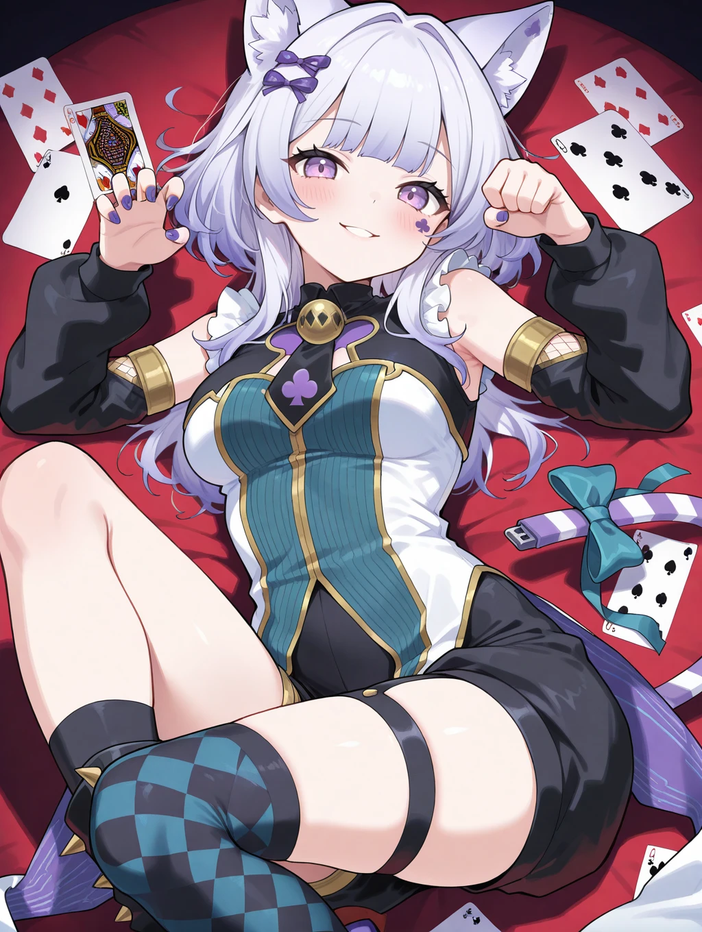 malice pawn cheshire cat, 1girl, solo, playing card, cat girl, smile, looking at viewer, sitting, detached sleeves, asymmetrical legwear, lying, nail polish, medium breasts, blush, parted lips, black dress, paw pose, purple club facial mark, black shorts
masterpiece,best quality,amazing quality,very aesthetic,absurdres,newest,<lora:MALICE Pawn Cheshire Cat illuXL v1:0.7>,