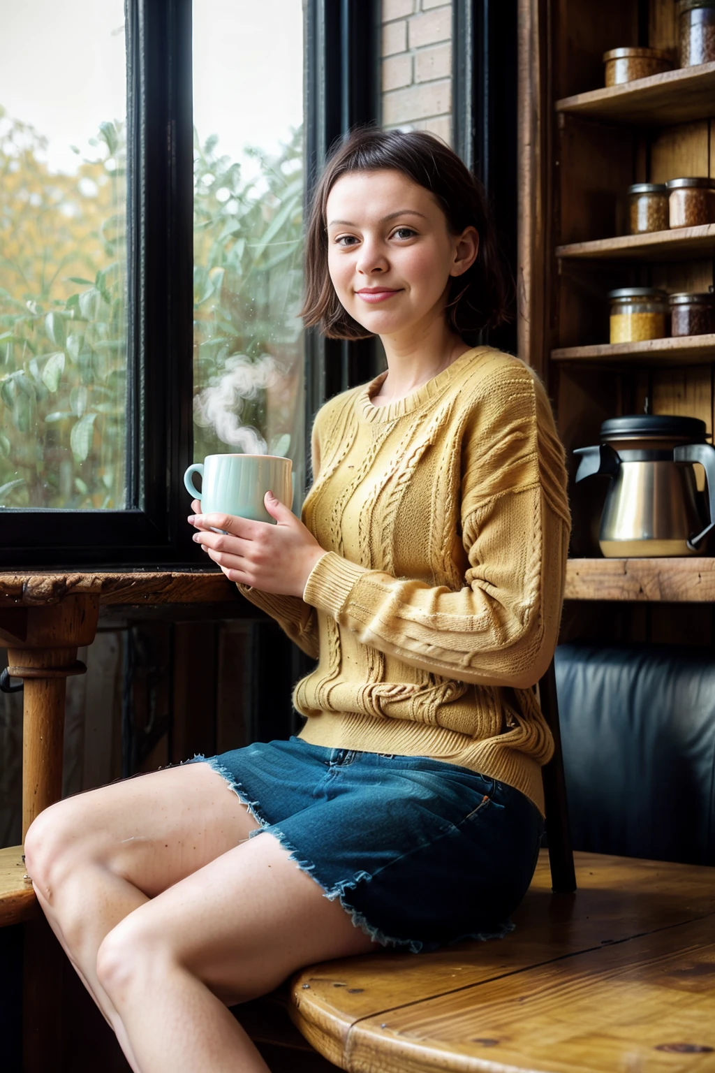 <lora:TinaTomaSD:1>, A Young woman in a cozy vintage café, wearing a sweater and having a steaming cup of coffee. Sunlight streams through large windows, illuminating her serene expression. Rustic furniture, antique decor, shelves with books and jars, soft golden lighting, tranquil atmosphere. RAW photo, soft lighting, 8K UHD, DSLR, film grain, Nikon D850.