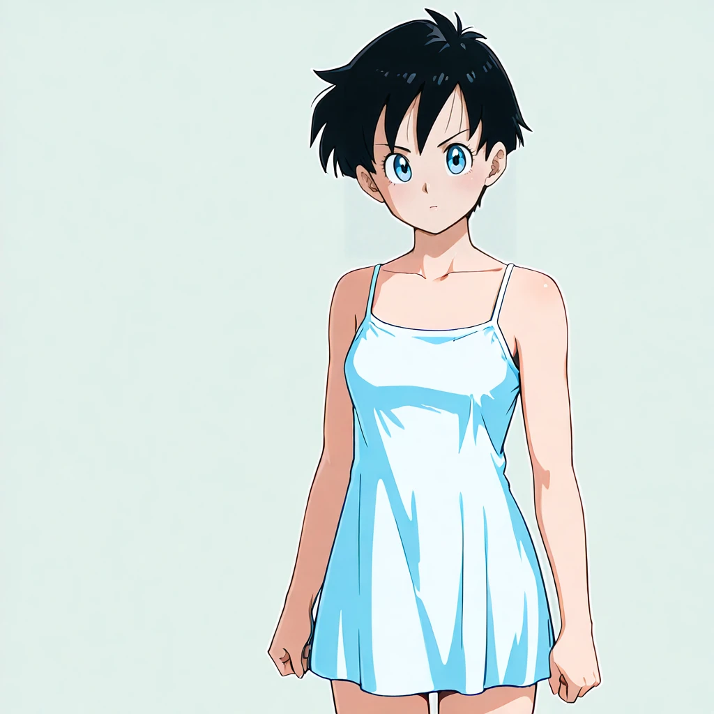 <lora:Videl_illustrious_v1:1> VidelShortHair, black hair, 1girl, blue eyes, short hair, collarbone, cowboy shot,  <lora:Sexy_simple_dress:0.81> sesidr, short dress, spaghetti strap