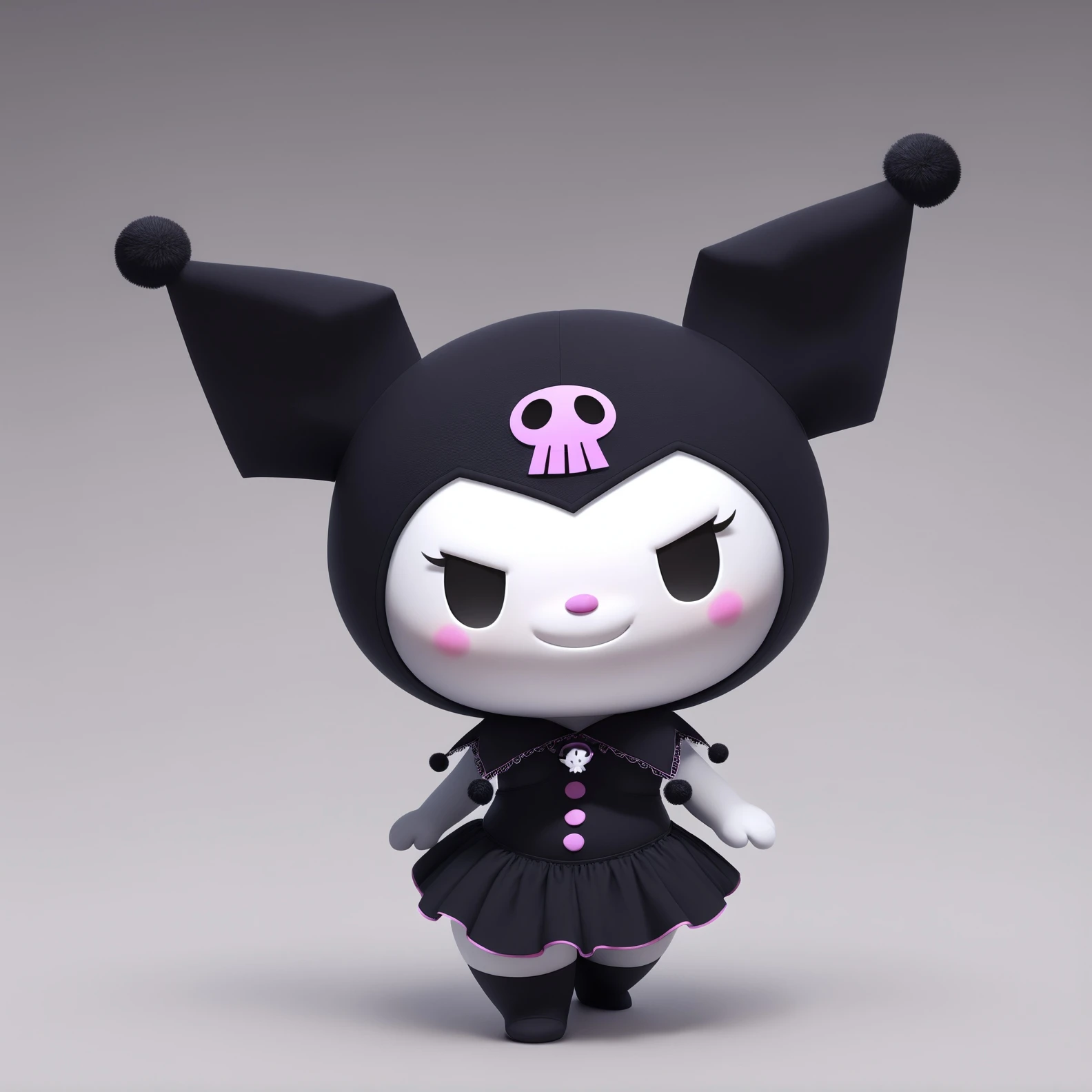 kuromi, sanrio, chibi, solo, jester cap, black eyes, female, furry, white body, black dress, gradient background, full body, artist:bing3d <lora:b3d-v2-noob-vpred10:1>