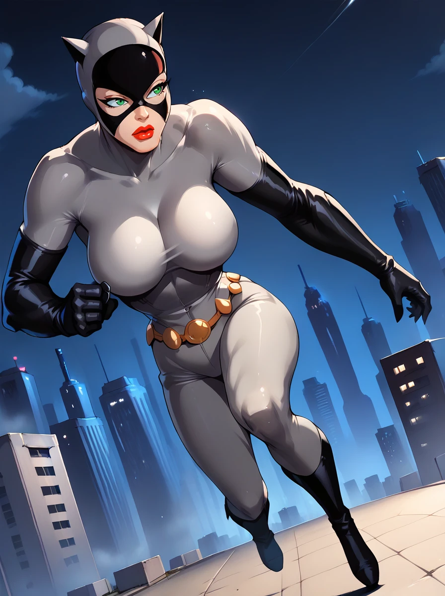<lora:Catwoman_-_batman_animated_pony_v1:1>, <lora:PONYXL_LewisArt_ownwaifu:0.4>, c4tw0m4n, 1girl, mature woman, grey bodysuit, grey mask, green eyes, red lips, large breasts, gold belt, black elbow gloves, black boots, running, rooftops, dutch angle, sexy pose, outdoors, cityscape, gotham city, night, score_9, score_8_up, score_7_up, score_6_up, score_5_up, score_4_up,