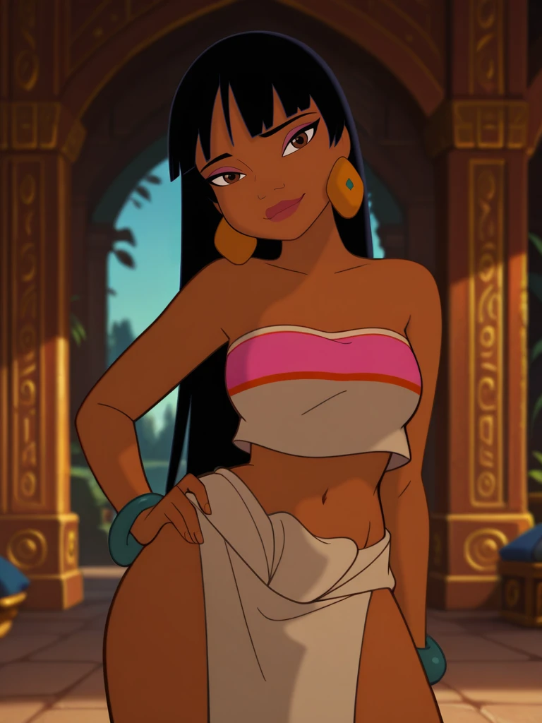 (official style:1.1), flat color, blurry background
1girl, medium breasts, (ChelXL:1.1), long hair, black hair, bangs, brown eyes, dark skin, makeup, earrings, tube top, strapless, midriff, bracelet, loincloth, pelvic curtain,
light smile, dutch angle, naughty pose, looking at viewer, vegetation, indoors, palace, daylight, portrait, dynamic pose, cowboy shot, one hand on hips, head tilt, one arm at side,
<lora:Chel-ILV1:1>