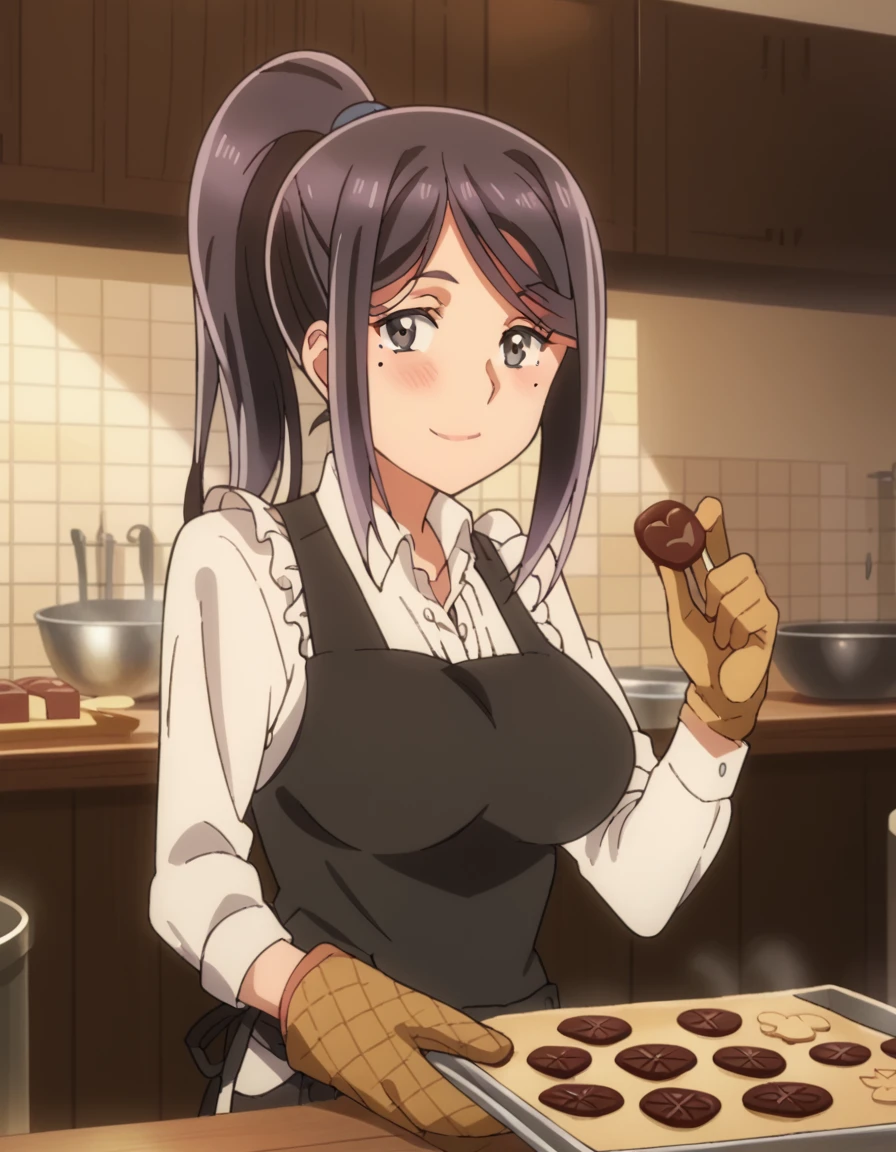 score_9, score_8_up, score_7_up, source_anime, <lora:utako-sakura-s1-ponyxl-lora-nochekaiser:1>, utako sakura, large breasts, black hair, ponytail, mole, black eyes, mole under eye, anime screencap, <lora:baking-cookies-ponyxl-lora-nochekaiser:1>, baking cookies, looking at viewer, blush, smile, gloves, holding, frills, food, indoors, apron, chocolate, cookie, oven mitts,, , cowboy shot, solo