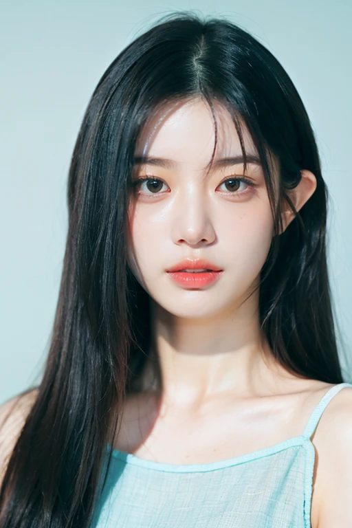 masterpiece, best quality, ultra-detailed, ultra high res, (photorealistic:1.4), raw photo, (realistic:0.2), 8k HDR, realistic cool temperature lighting, 1girl, , solo, asymmetrical grey hair, indoor, looking at viewer, (simple pastel background:1.2), bokeh, (detailed lips), (detailed pores), (detailed skin textures), (detailed face:1.2), (upper body:1.2), a woman in a standing pose, (cyan sundress:1.2), promotional image, a character portrait, asian:0.2,