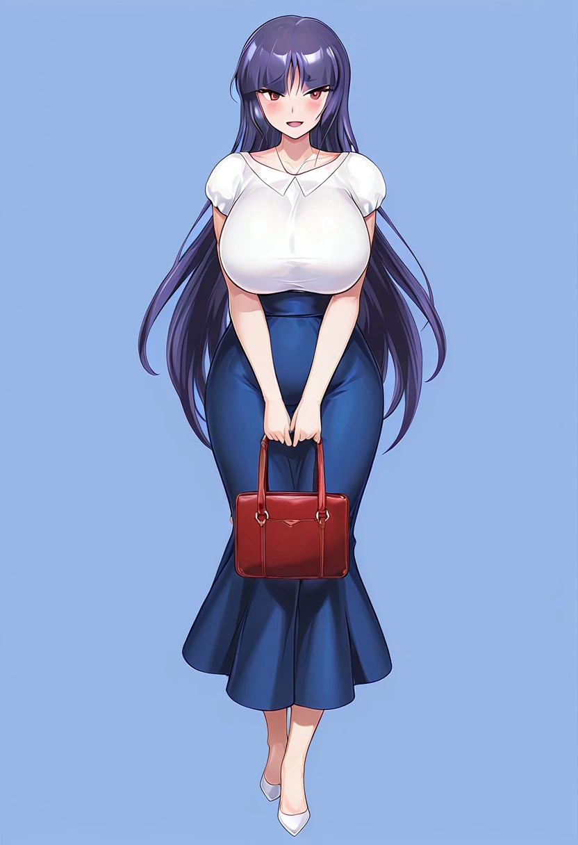 score_9,score_8_up,score_7_up,source_anime,5_figner,2d_animation,game cg,BREKE,1girl,solo,
zzSabrina, red eyes, long hair, blunt bangs, sabrina pokemon, purple hair,
Ellis-clothes,white shirt,blue skirt,necklace,short sleeves,high-waist skirt,long skirt,white high heels.hold on Prada bag,
smile,blush,openmouth,
full body,front view,looking at viewer,standing,
gigantic breasts,thick hips,thick thighs,thick waist,disproportionate breasts,
curves,glamour,
simple background,white background,
masterpiece,best qualit,ultra-detailed,illustration,an extremely delicate and beautiful,beautiful detailed eyes,unity 8k wallpaper,high resolution,anime CG,official_art,Erotic_style,
