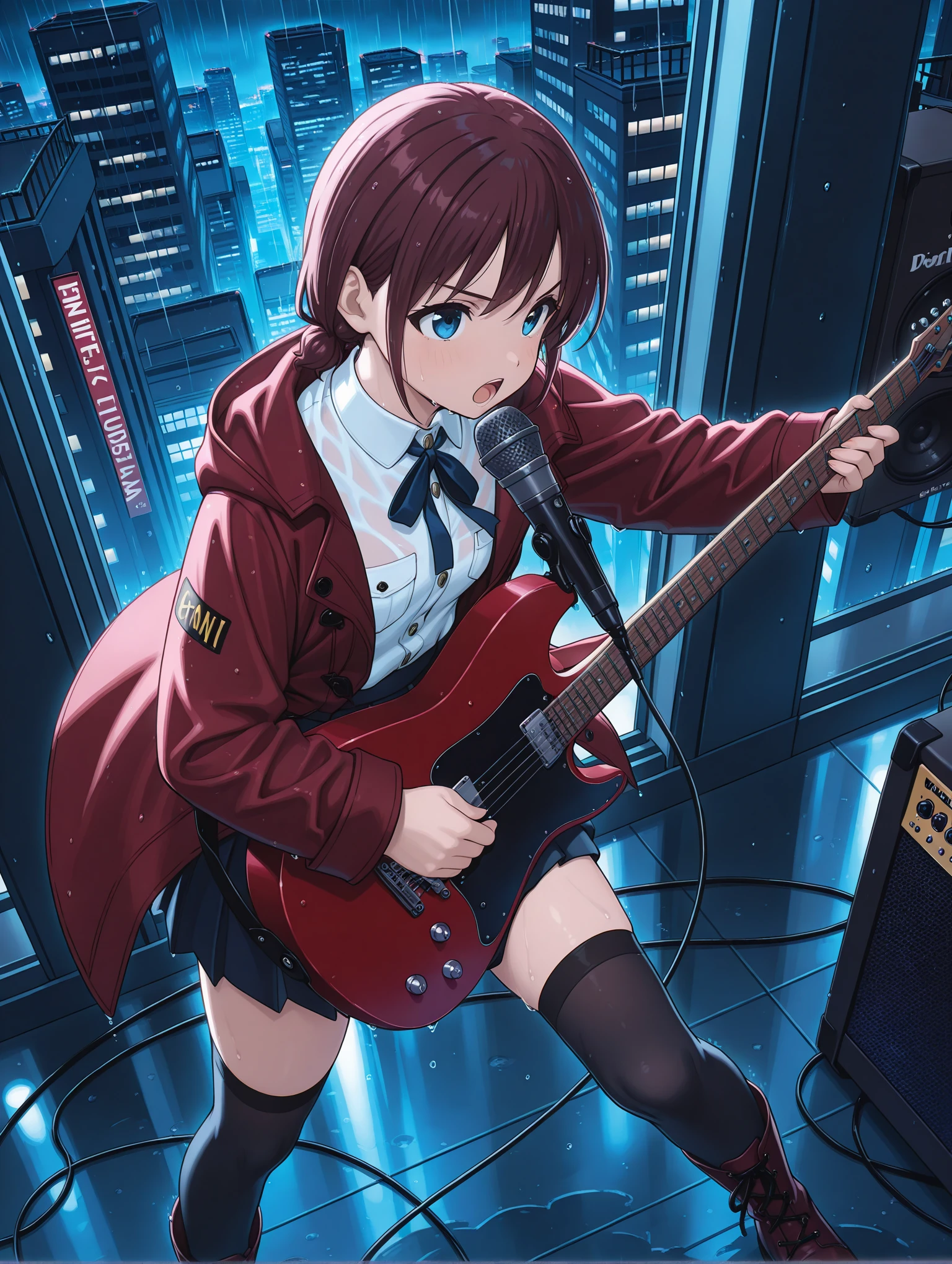 masterpiece,best quality,newest,1girl,solo,
<lora:NINA_ISERI_ilxl_v1:1>,nina_iseri,red coat,long sleeves,neck ribbon,white collared shirt,black pleated skirt,black_thighhighs,lace-up_boots,
<lora:Fixhands_anime_bdsqlsz_V1:1>,knee_up,singing,dancing,light_blush,sweat,dynamic_angle,cinematic_angle,speaker,microphone,holding_microphone,serious,cowboy_shot,reaching,face_focus,rain,wet clothes,wet_hair,from_above,wide_shot,building,rooftop,night,view from above,facing ahead,instrument,holding instrument,electric guitar,