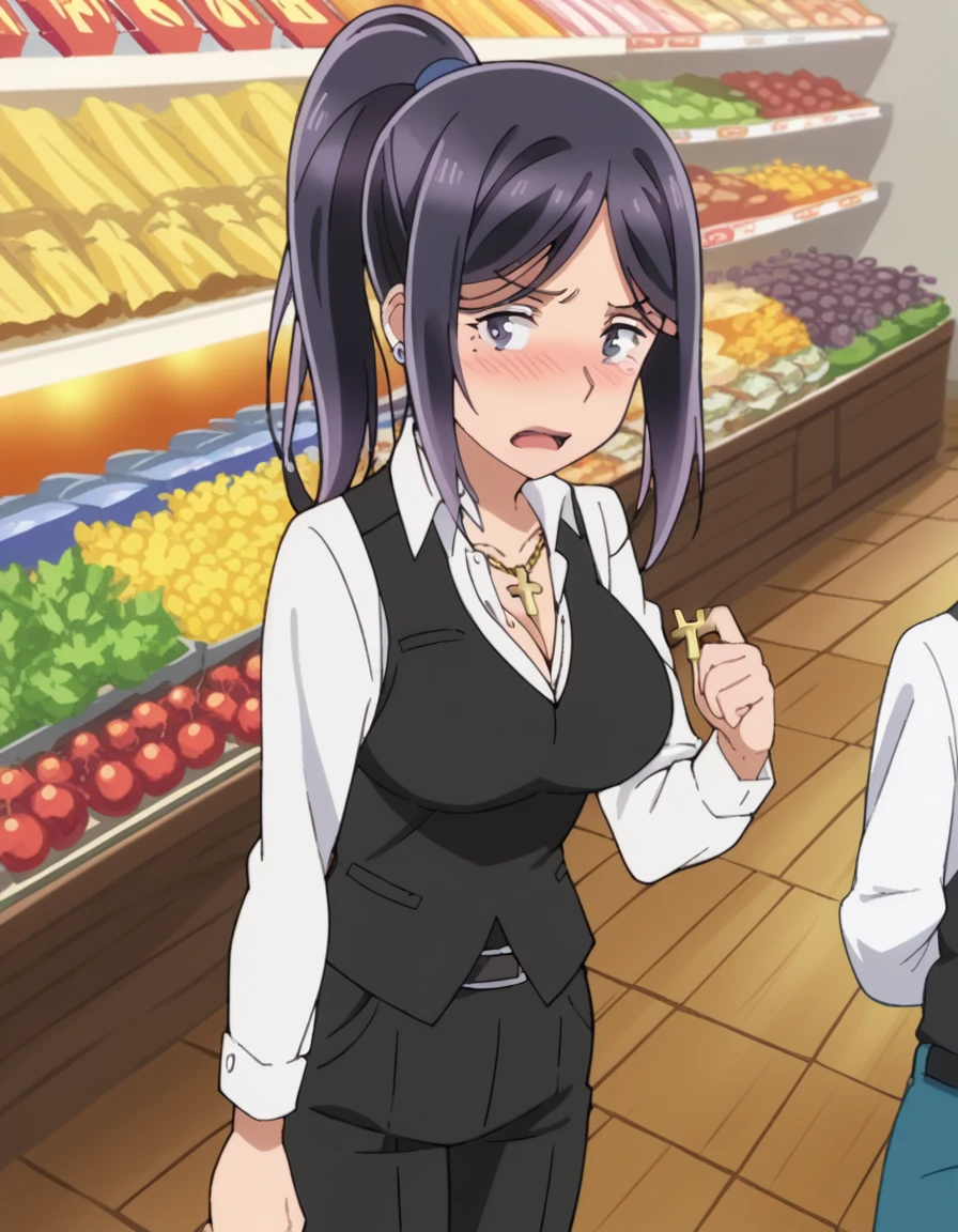 score_9, score_8_up, score_7_up, source_anime, <lora:utako-sakura-s1-ponyxl-lora-nochekaiser:1>, utako sakura, large breasts, black hair, ponytail, mole, black eyes, mole under eye, anime screencap, shirt, cleavage, jewelry, earrings, belt, necklace, cross, cross necklace, vest, black vest, collared shirt, black pants,, market stall, goods, people, shopping, vendor, , <lora:fidgeting-index-fingers-together-ponyxl-lora-nochekaiser:1>, fidgeting index fingers together, index fingers together, open mouth, looking at viewer, fidgeting, blush, tearing up, dutch angle,, looking at viewer, solo,, cowboy shot, solo