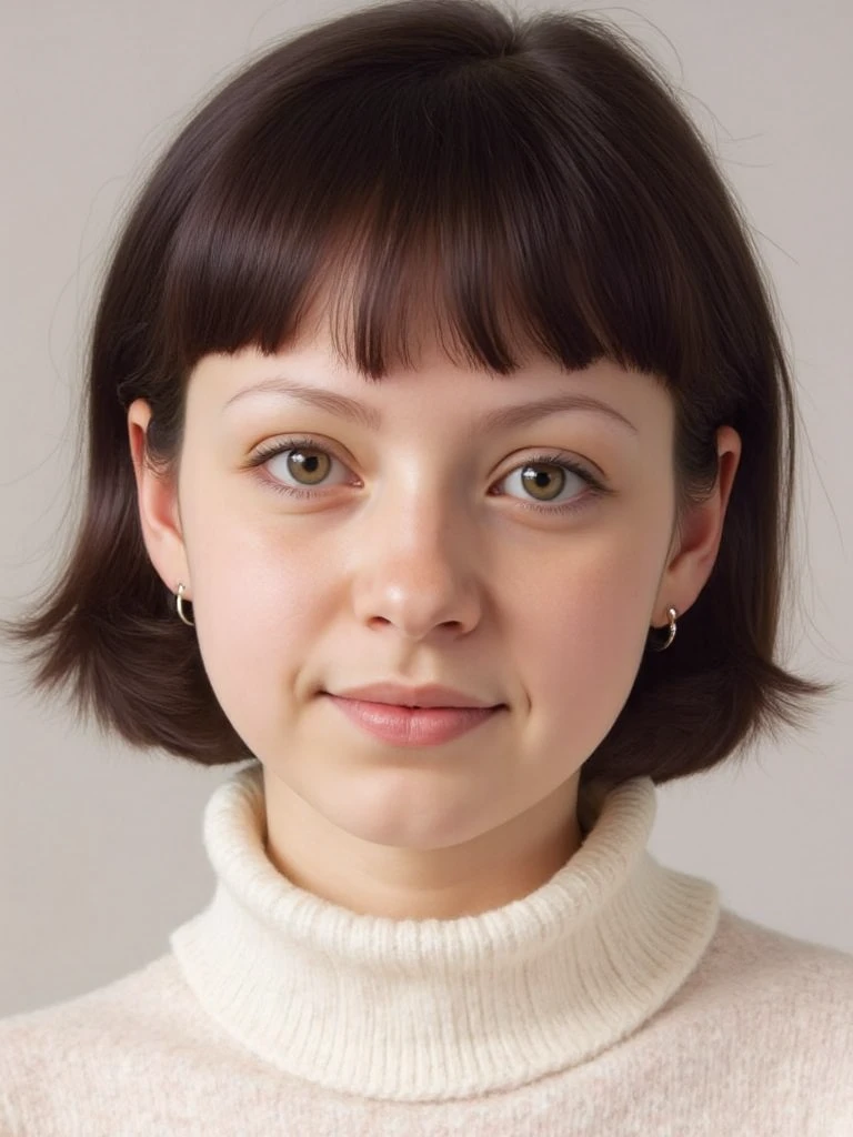 A high-quality, glamour (close-up portrait:1.5) of a young woman dressed in a turtleneck, blending laid-back comfort with a touch of effortless elegance. Her expression is calm and approachable, radiating friendliness and quiet confidence. The setting features a clean, solid background in a soft, neutral tone, with expertly diffused lighting to highlight her natural features and enhance the overall composition. The focus is sharp, capturing fine details like her skin texture, hair, and subtle makeup, creating a polished and professional aesthetic.